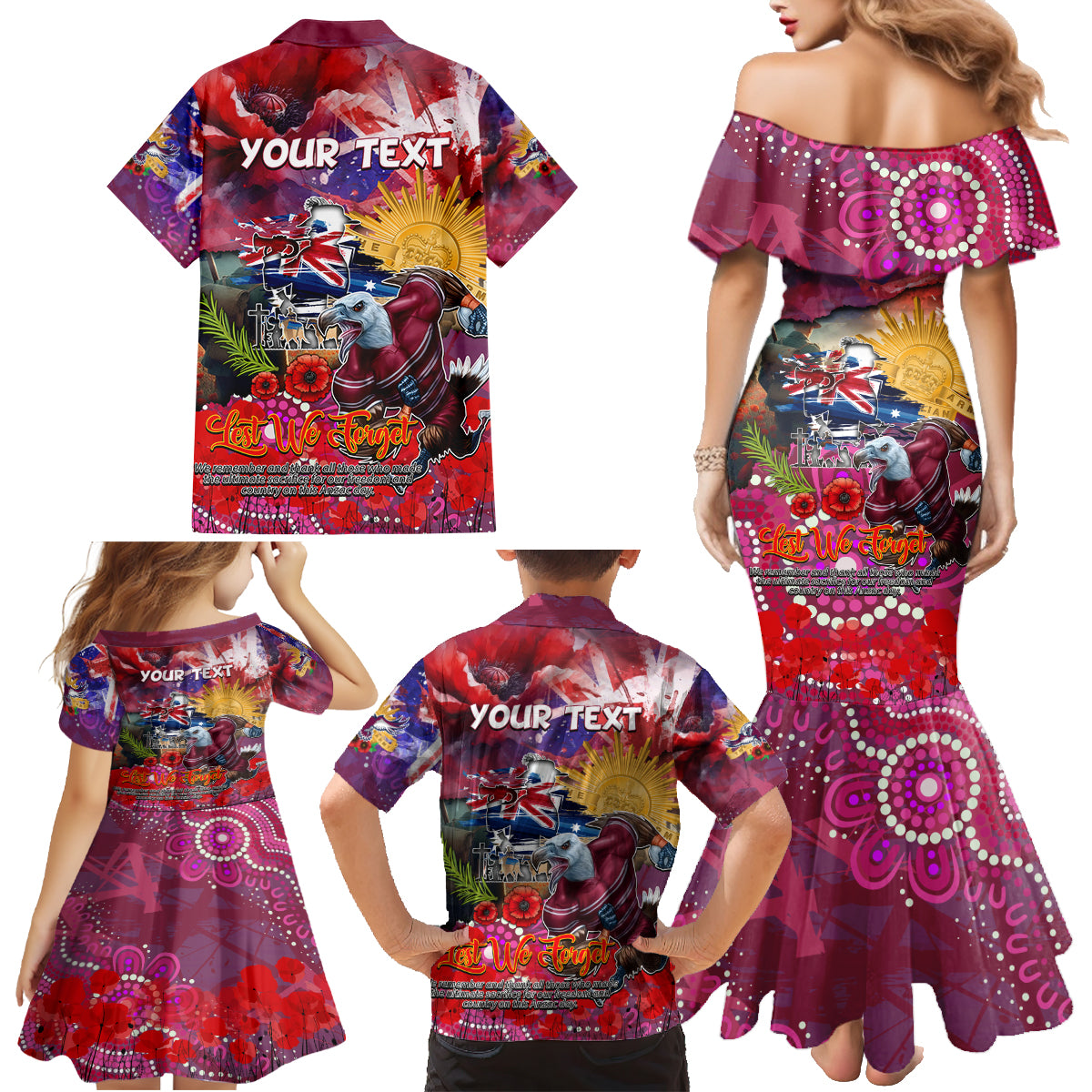 Personalised Australia Rugby Sea Eagles ANZAC Family Matching Mermaid Dress and Hawaiian Shirt Manly-Warringah Scratch Style