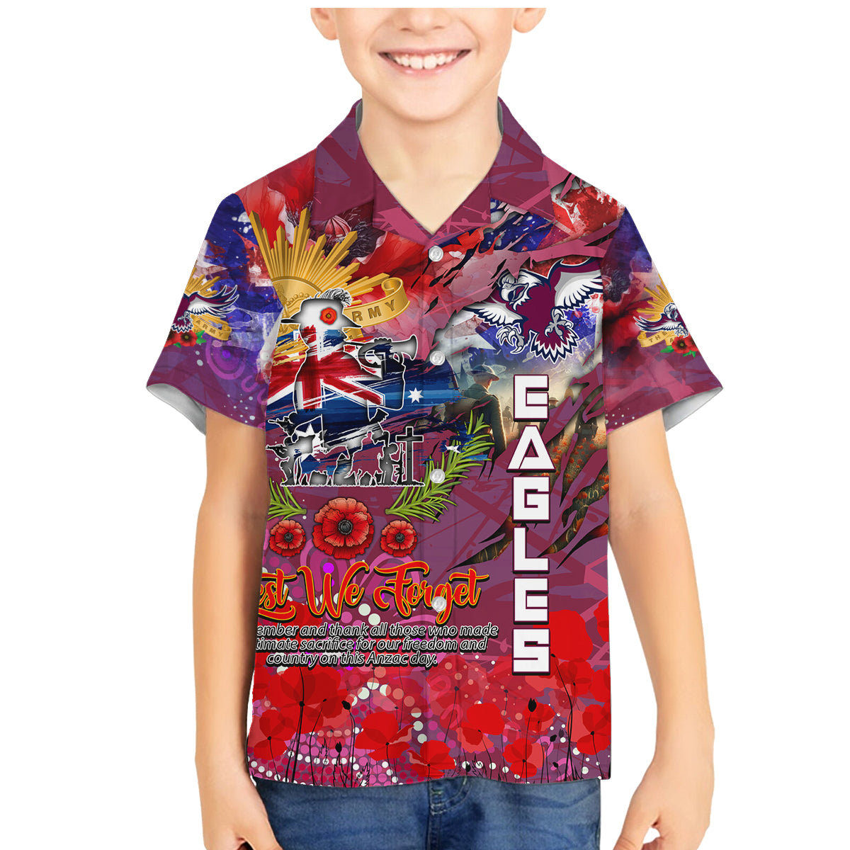Personalised Australia Rugby Sea Eagles ANZAC Family Matching Mermaid Dress and Hawaiian Shirt Manly-Warringah Scratch Style