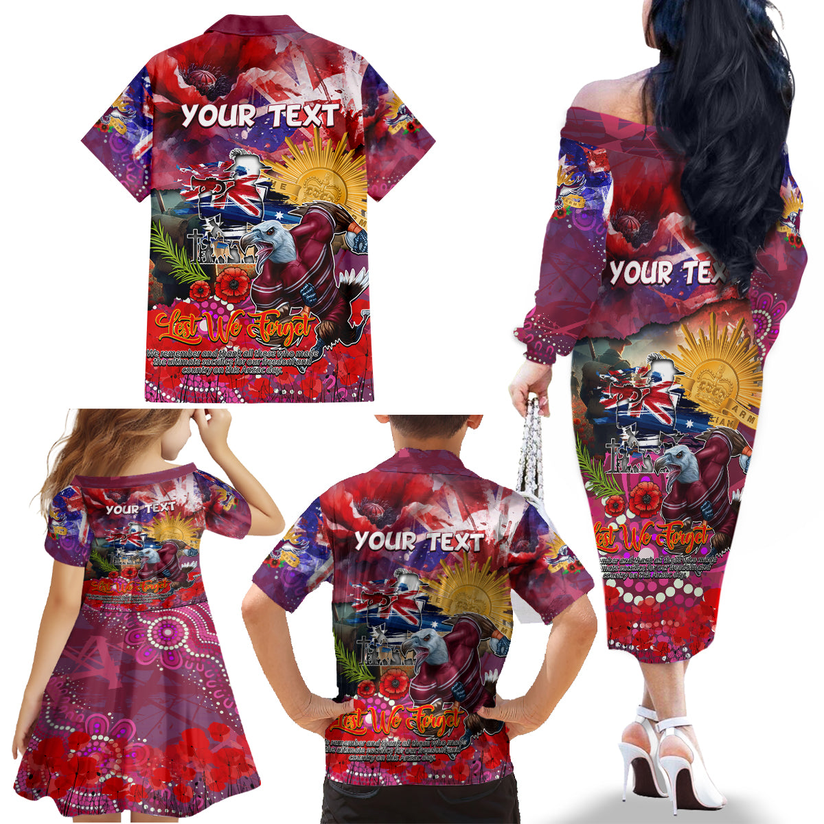 Personalised Australia Rugby Sea Eagles ANZAC Family Matching Off The Shoulder Long Sleeve Dress and Hawaiian Shirt Manly-Warringah Scratch Style