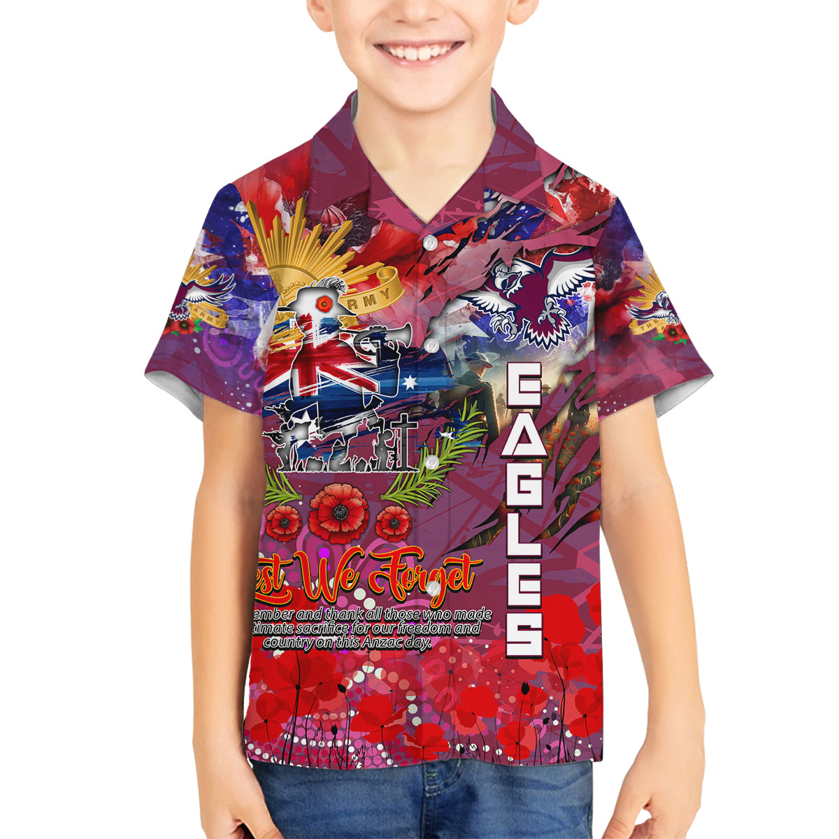 Personalised Australia Rugby Sea Eagles ANZAC Family Matching Off The Shoulder Long Sleeve Dress and Hawaiian Shirt Manly-Warringah Scratch Style