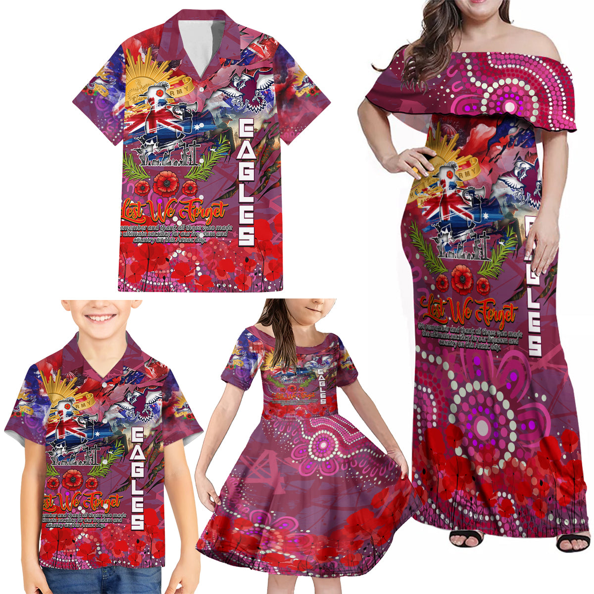 Personalised Australia Rugby Sea Eagles ANZAC Family Matching Off Shoulder Maxi Dress and Hawaiian Shirt Manly-Warringah Scratch Style