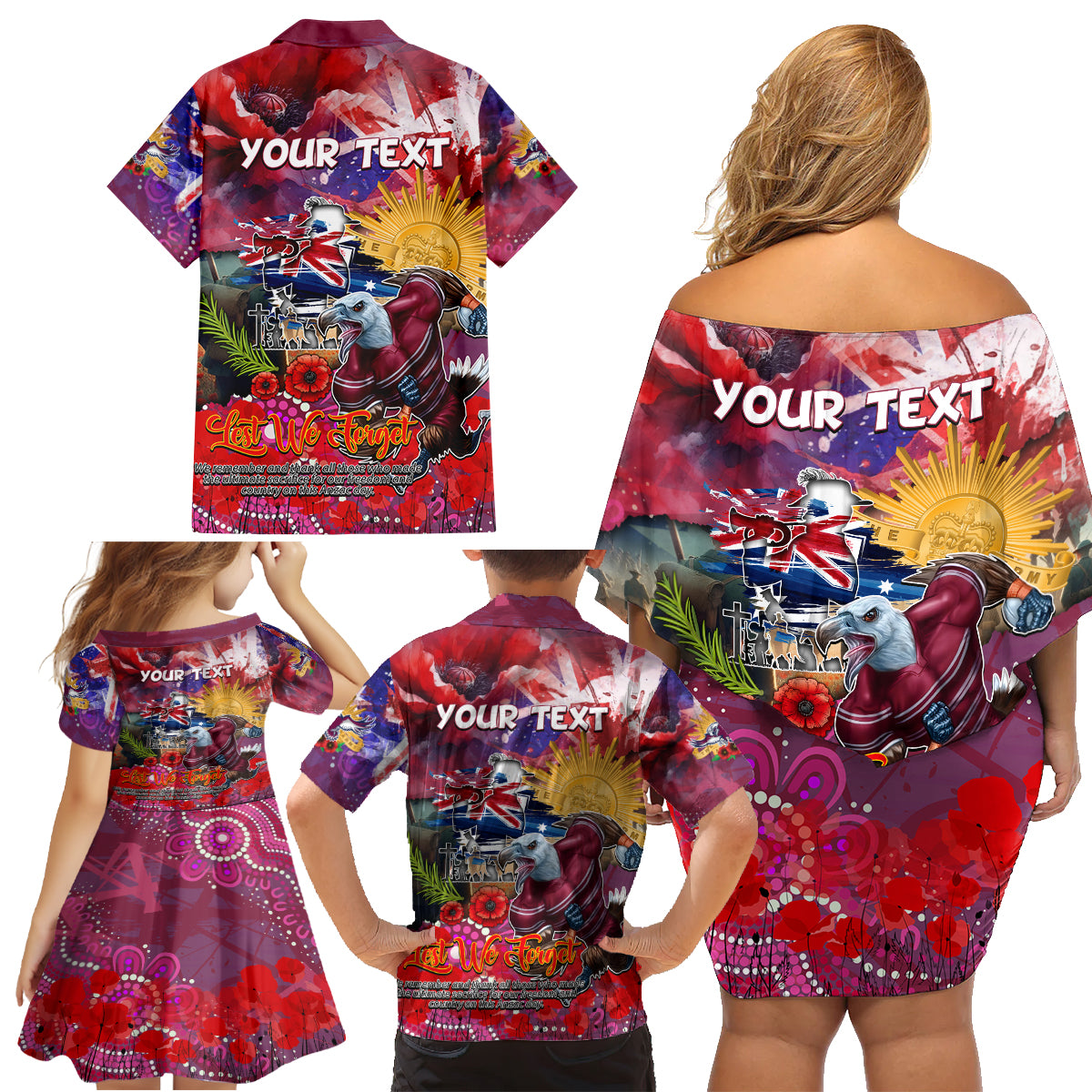 Personalised Australia Rugby Sea Eagles ANZAC Family Matching Off Shoulder Short Dress and Hawaiian Shirt Manly-Warringah Scratch Style