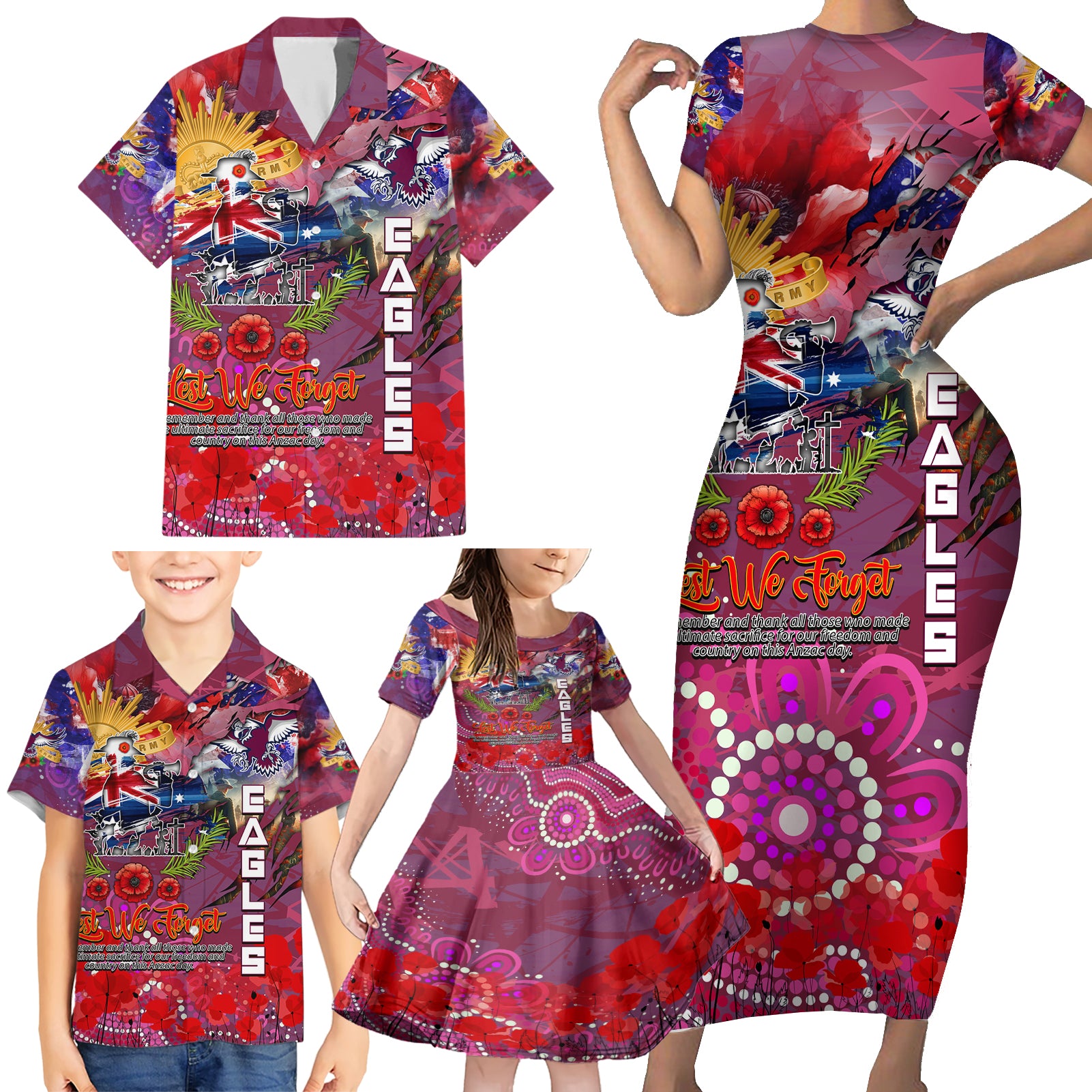 Personalised Australia Rugby Sea Eagles ANZAC Family Matching Short Sleeve Bodycon Dress and Hawaiian Shirt Manly-Warringah Scratch Style