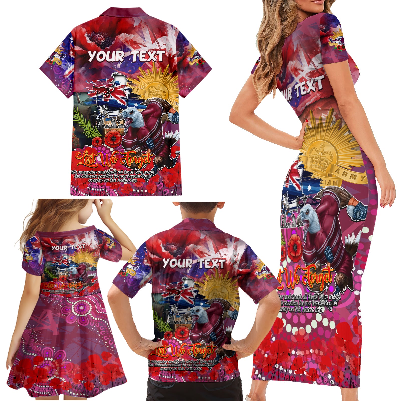 Personalised Australia Rugby Sea Eagles ANZAC Family Matching Short Sleeve Bodycon Dress and Hawaiian Shirt Manly-Warringah Scratch Style