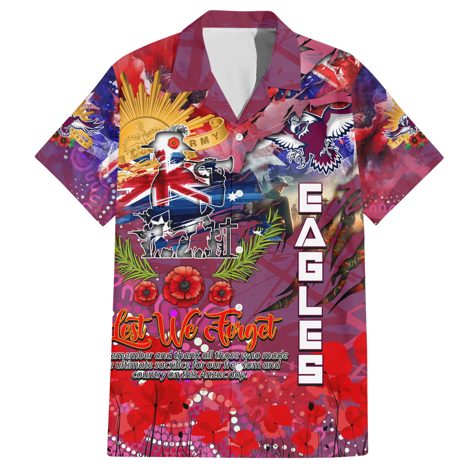 Personalised Australia Rugby Sea Eagles ANZAC Family Matching Short Sleeve Bodycon Dress and Hawaiian Shirt Manly-Warringah Scratch Style