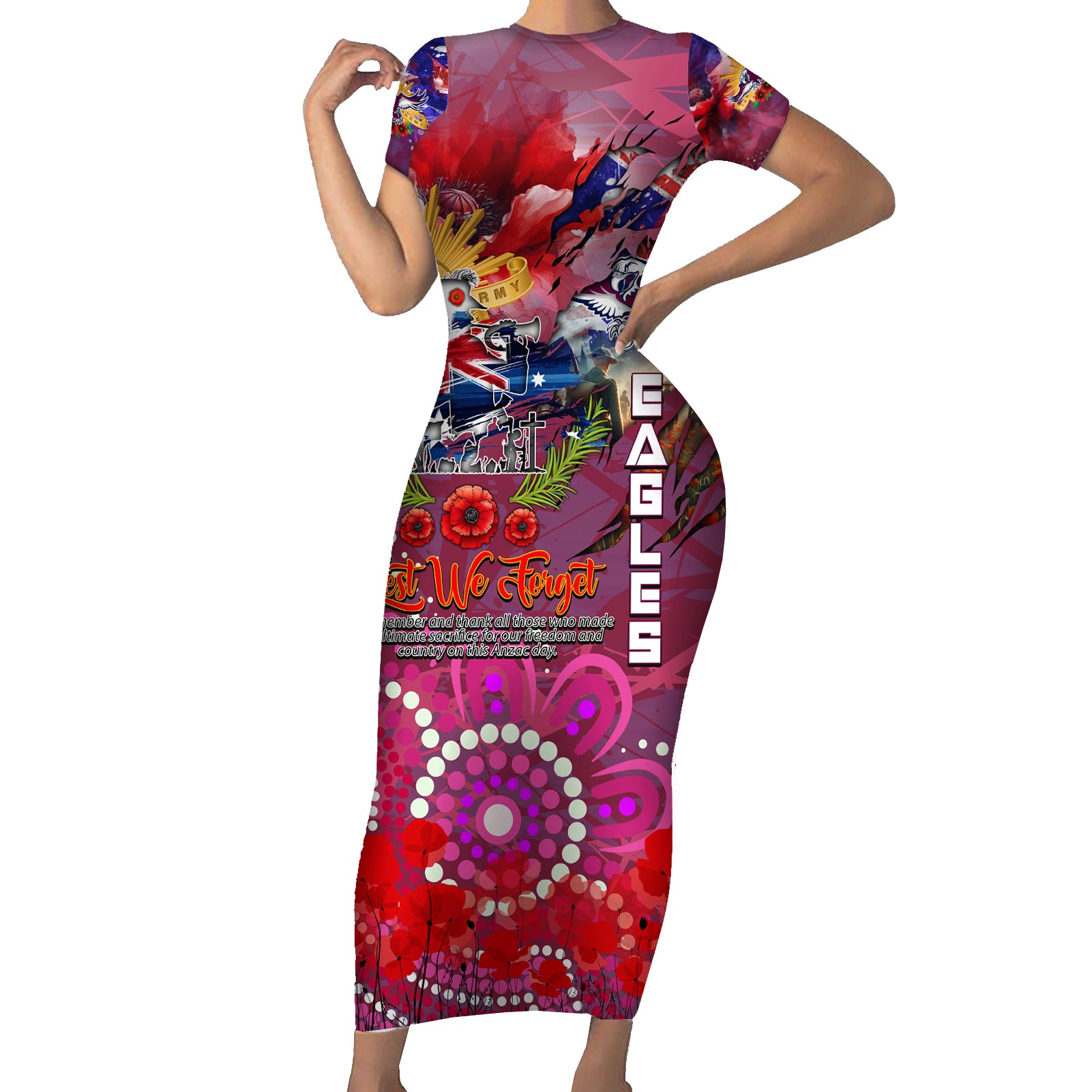 Personalised Australia Rugby Sea Eagles ANZAC Family Matching Short Sleeve Bodycon Dress and Hawaiian Shirt Manly-Warringah Scratch Style