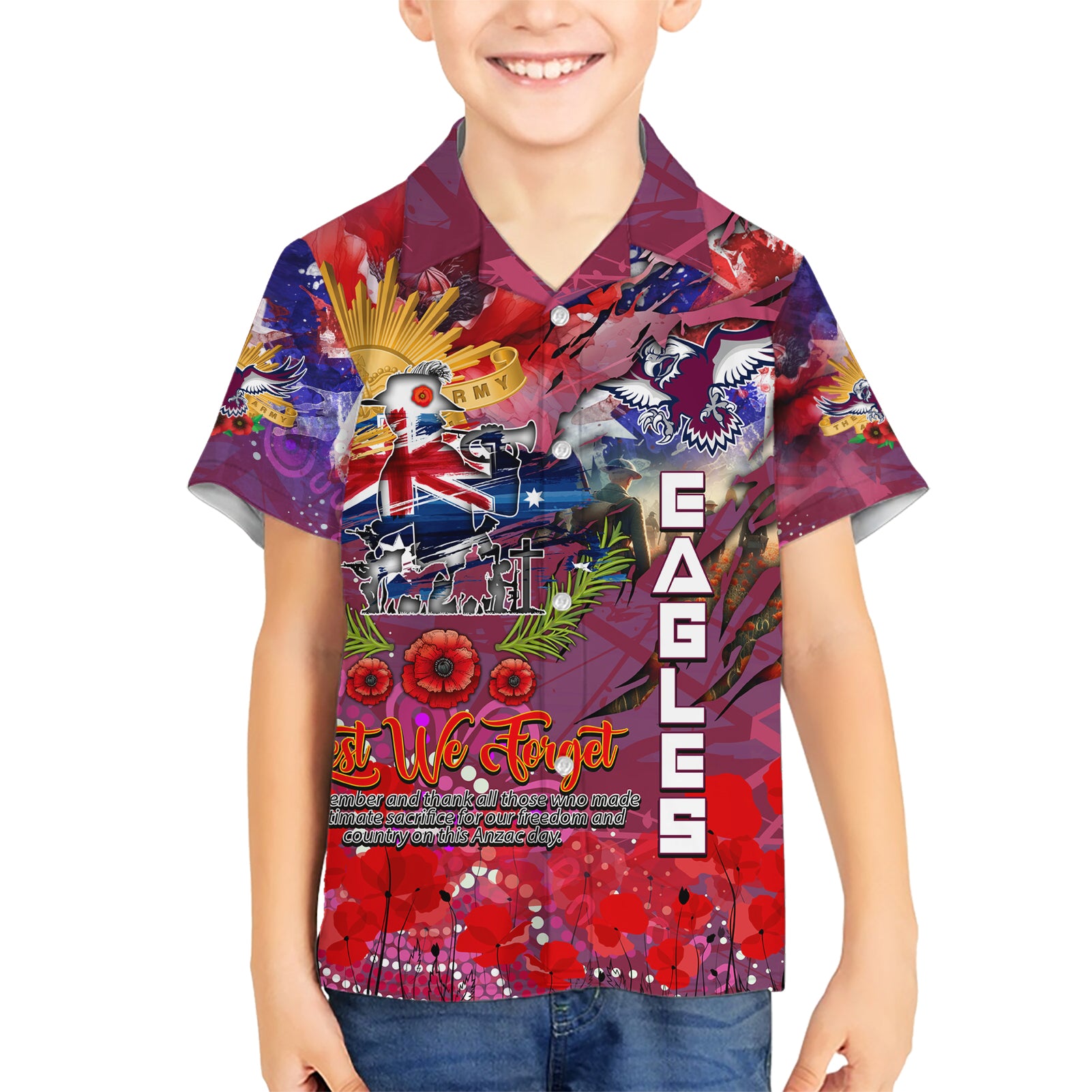 Personalised Australia Rugby Sea Eagles ANZAC Family Matching Short Sleeve Bodycon Dress and Hawaiian Shirt Manly-Warringah Scratch Style