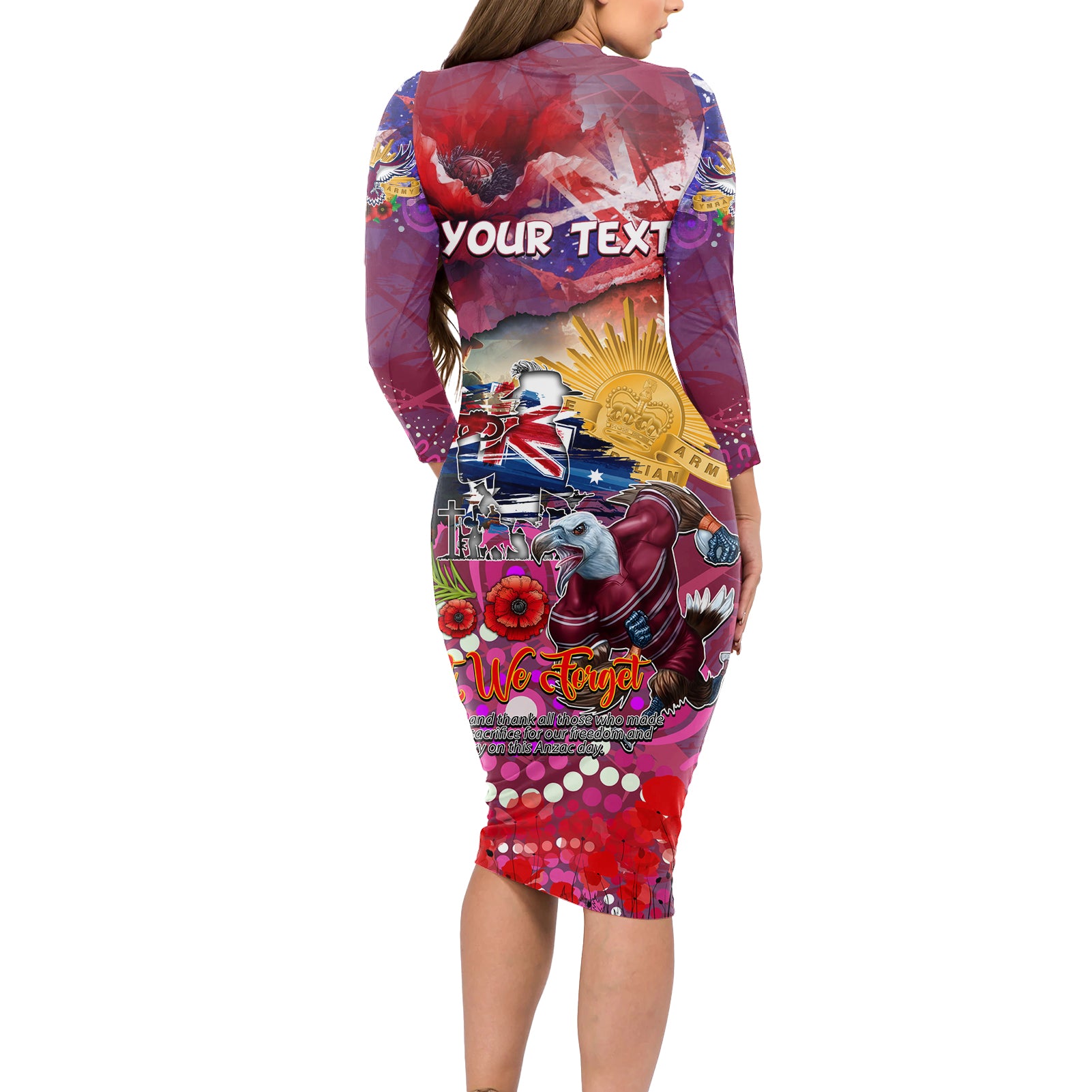Personalised Australia Rugby Sea Eagles ANZAC Long Sleeve Bodycon Dress Manly-Warringah Scratch Style