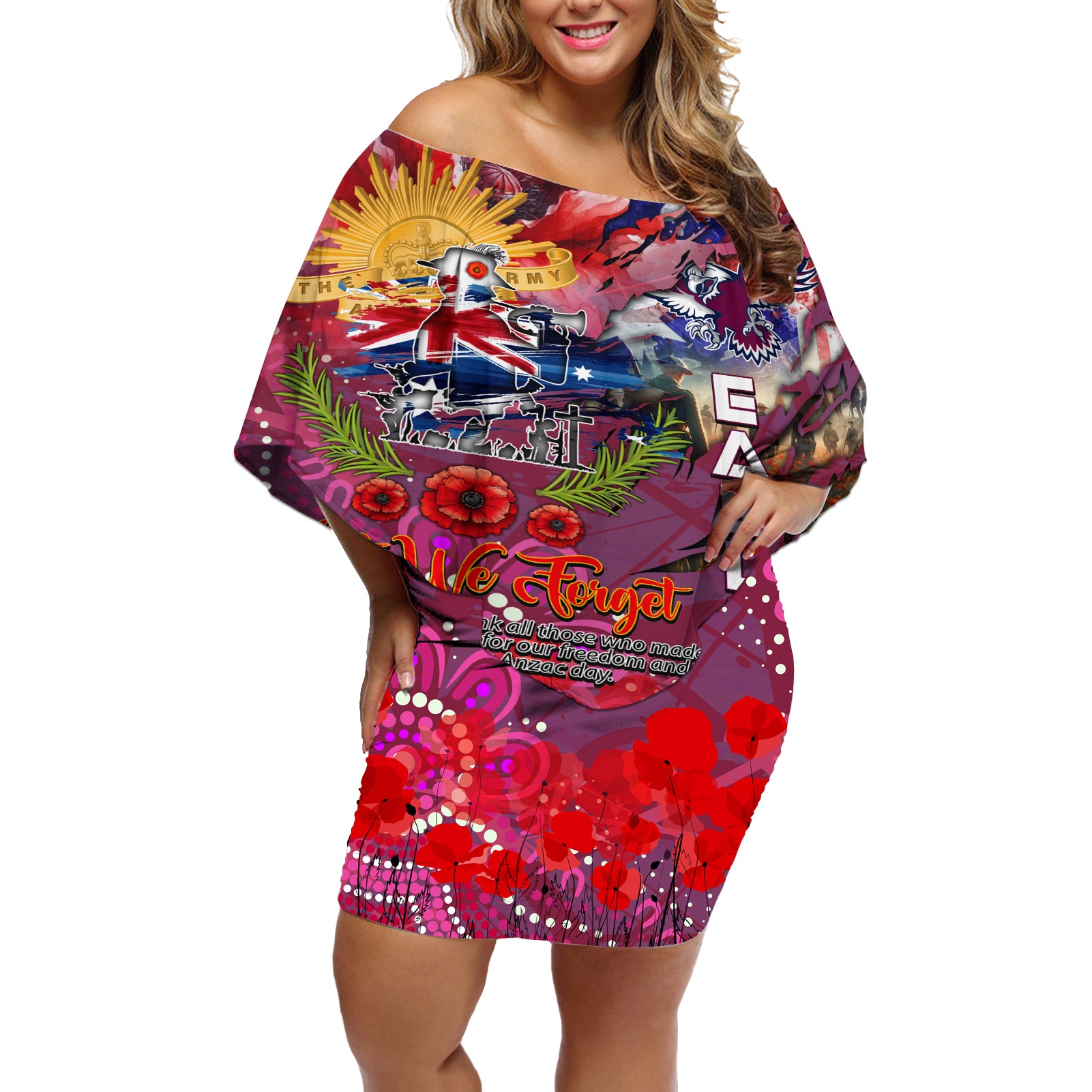 Personalised Australia Rugby Sea Eagles ANZAC Off Shoulder Short Dress Manly-Warringah Scratch Style