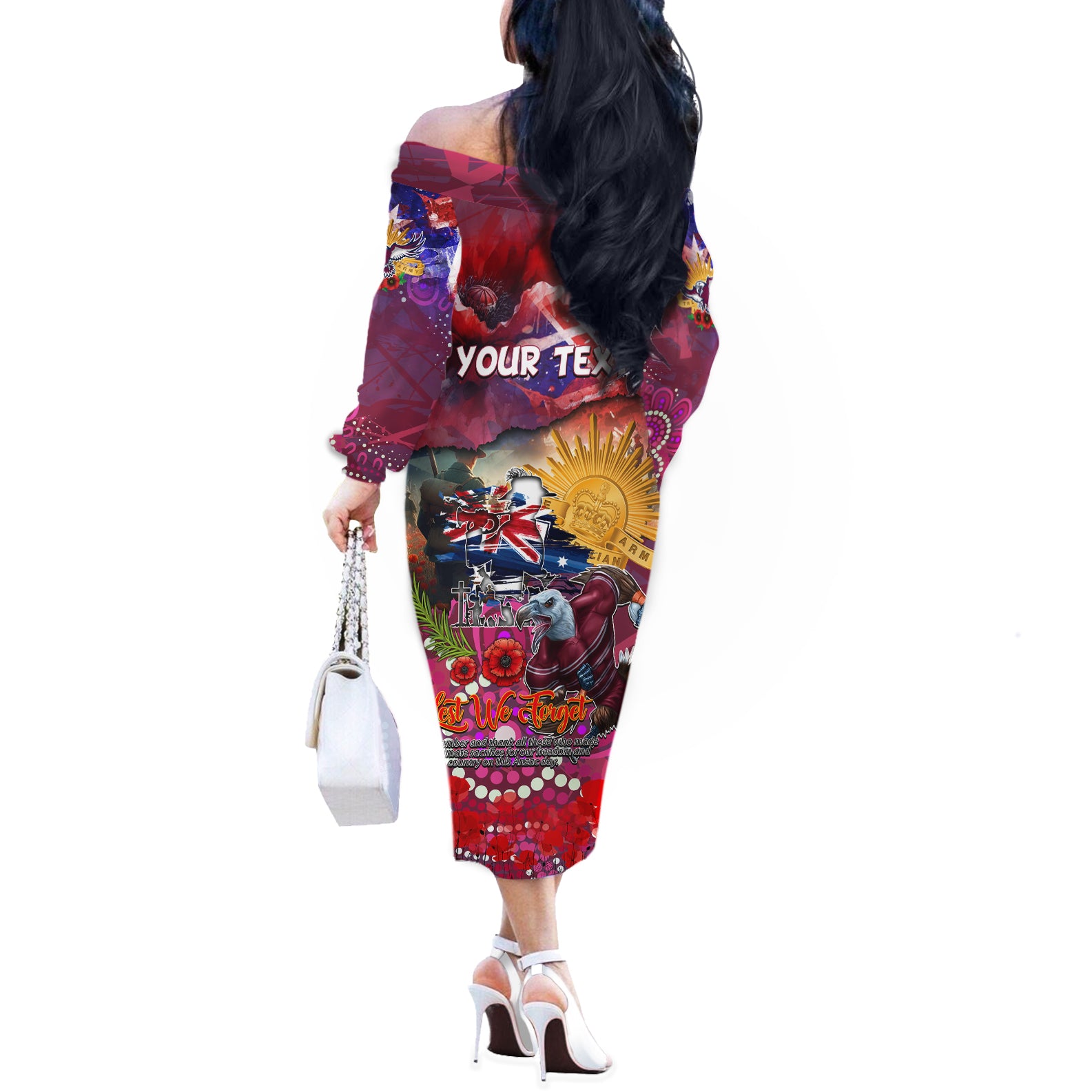 Personalised Australia Rugby Sea Eagles ANZAC Off The Shoulder Long Sleeve Dress Manly-Warringah Scratch Style