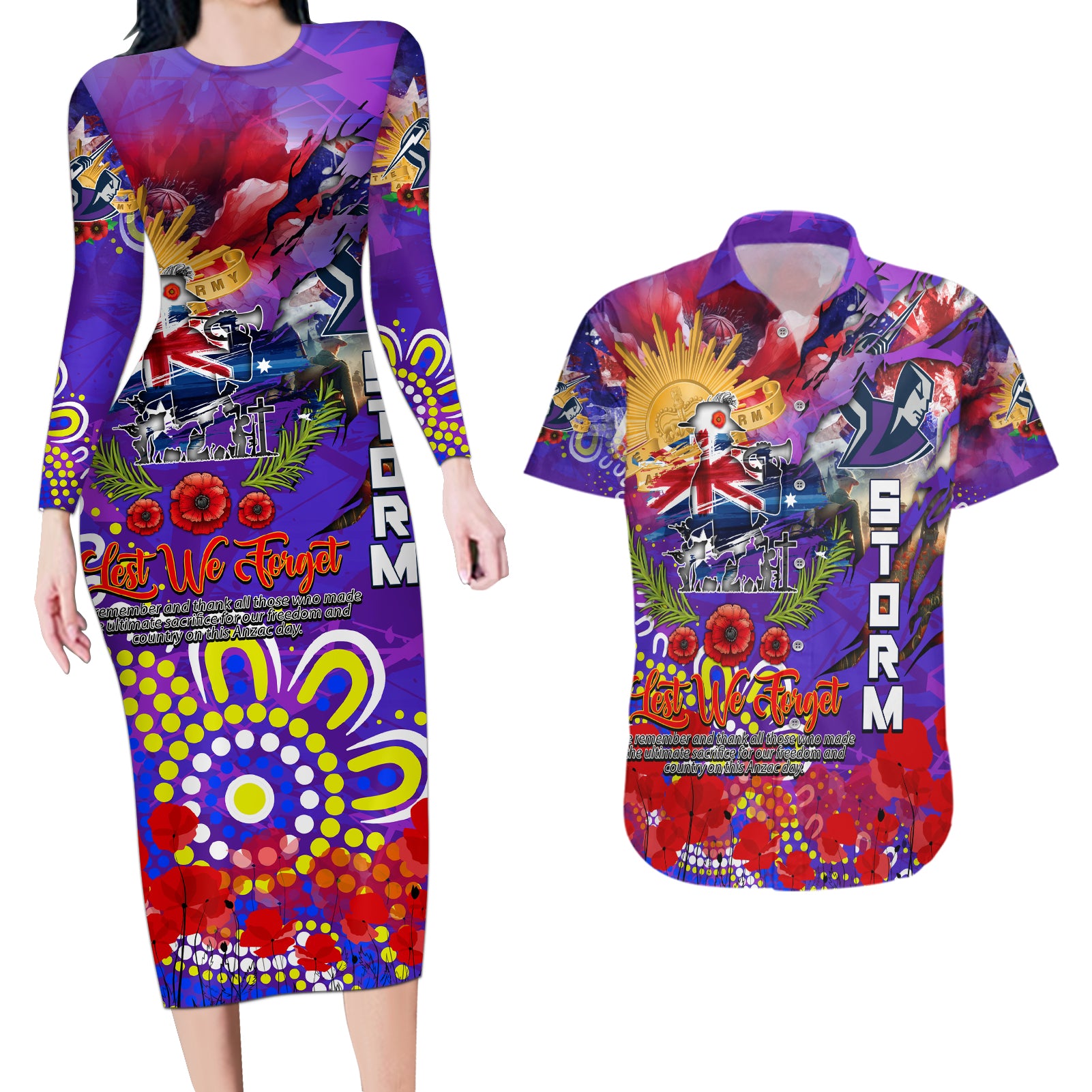 Personalised Australia Rugby Storm ANZAC Couples Matching Long Sleeve Bodycon Dress and Hawaiian Shirt Melbourne Scratch Style