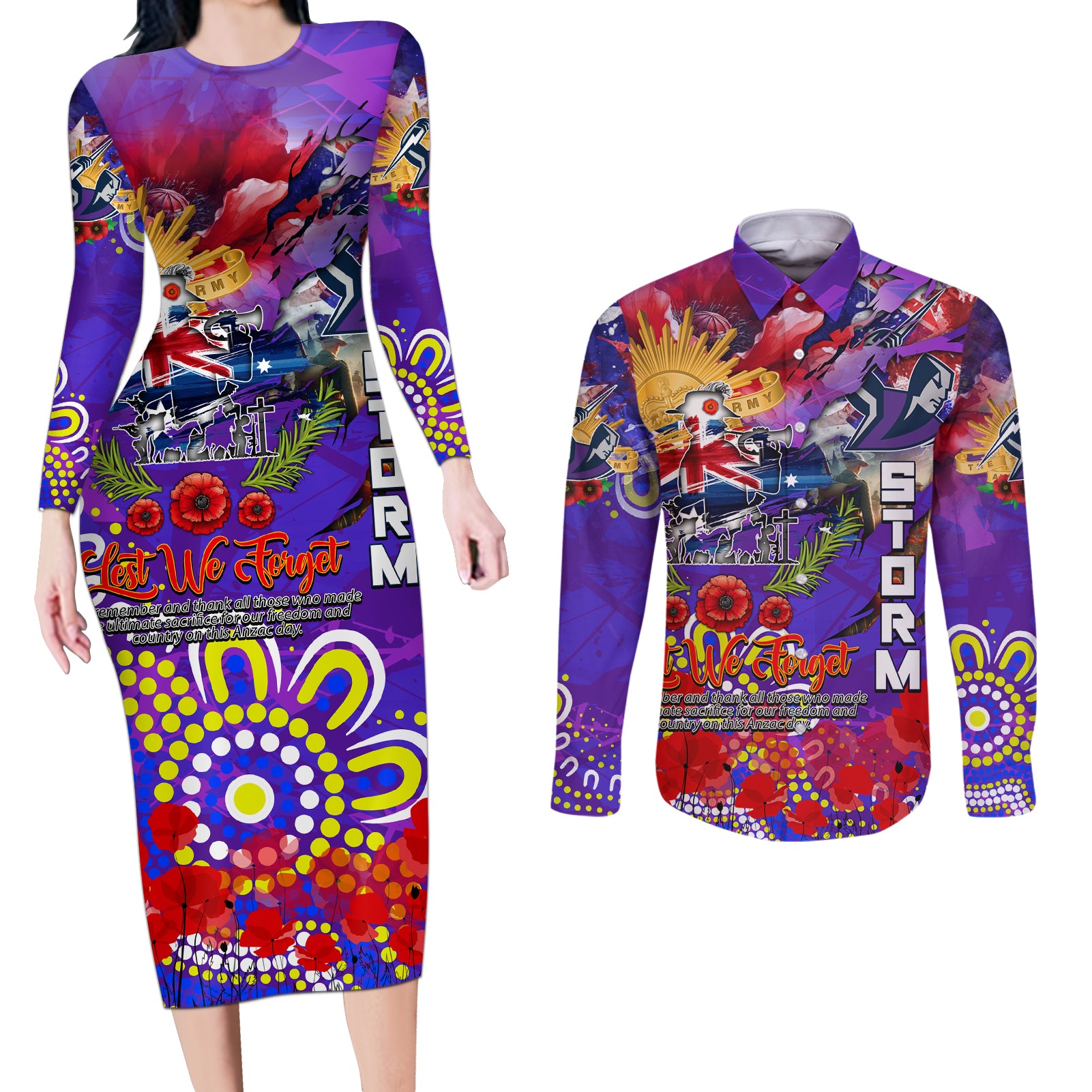 Personalised Australia Rugby Storm ANZAC Couples Matching Long Sleeve Bodycon Dress and Long Sleeve Button Shirt Melbourne Scratch Style