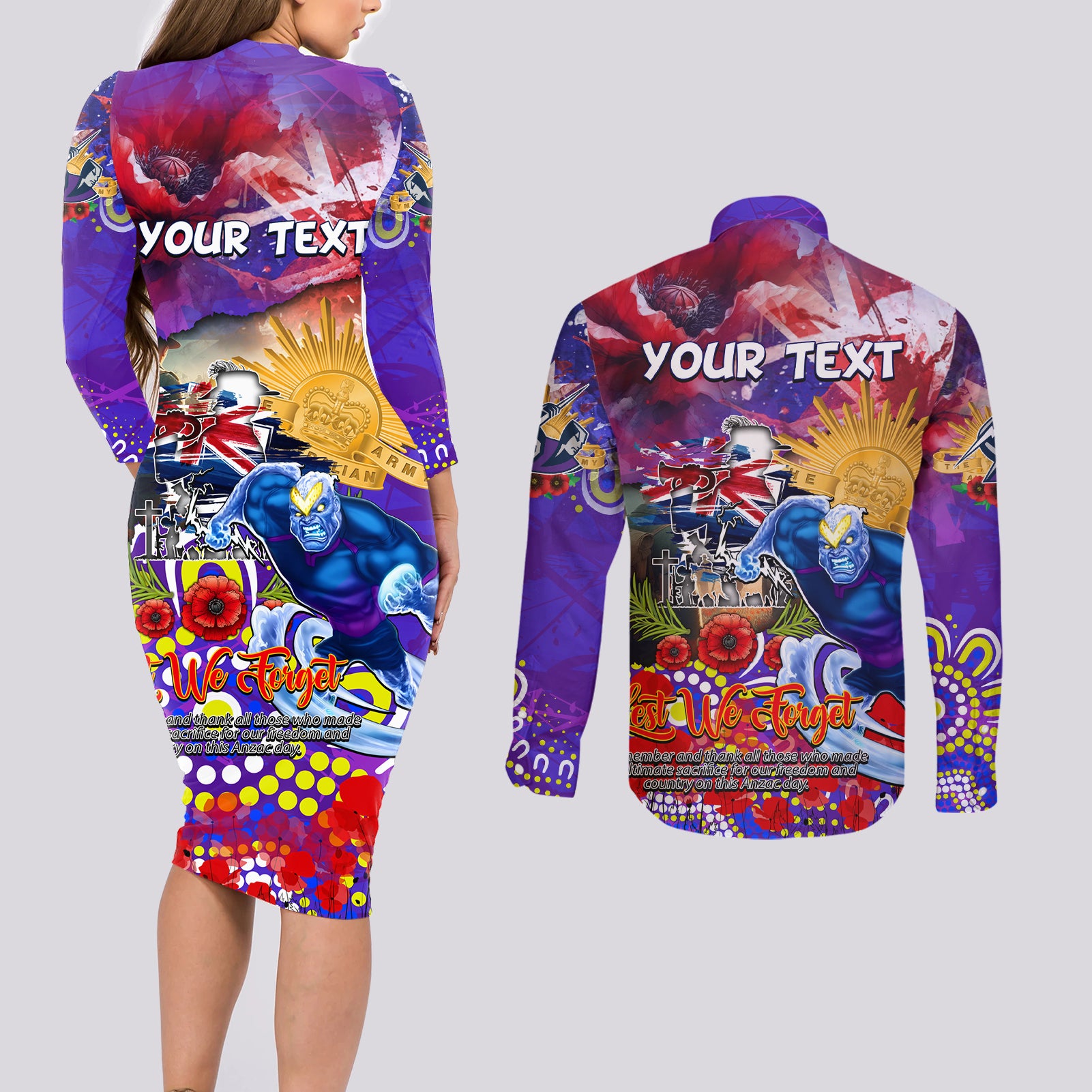 Personalised Australia Rugby Storm ANZAC Couples Matching Long Sleeve Bodycon Dress and Long Sleeve Button Shirt Melbourne Scratch Style