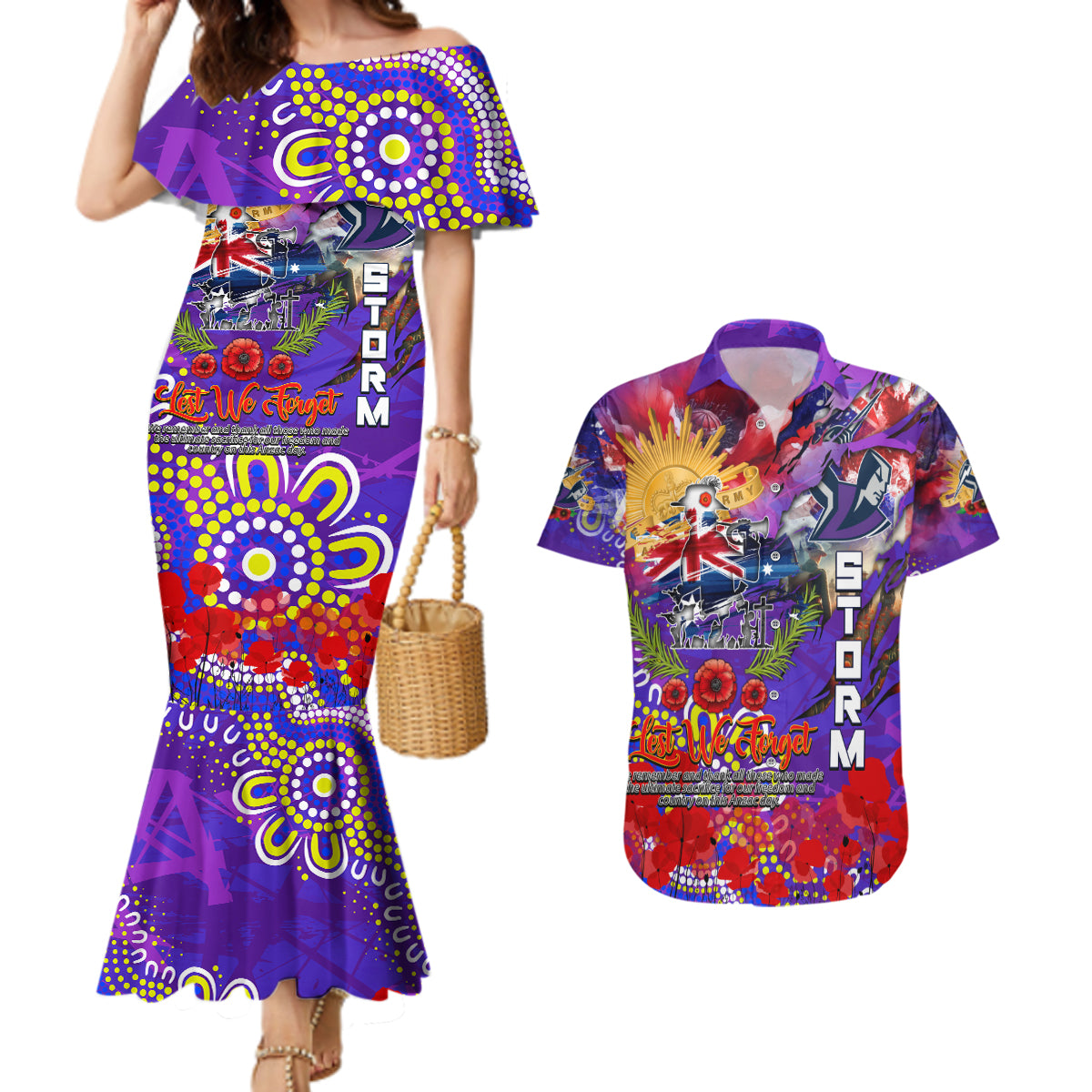 Personalised Australia Rugby Storm ANZAC Couples Matching Mermaid Dress and Hawaiian Shirt Melbourne Scratch Style