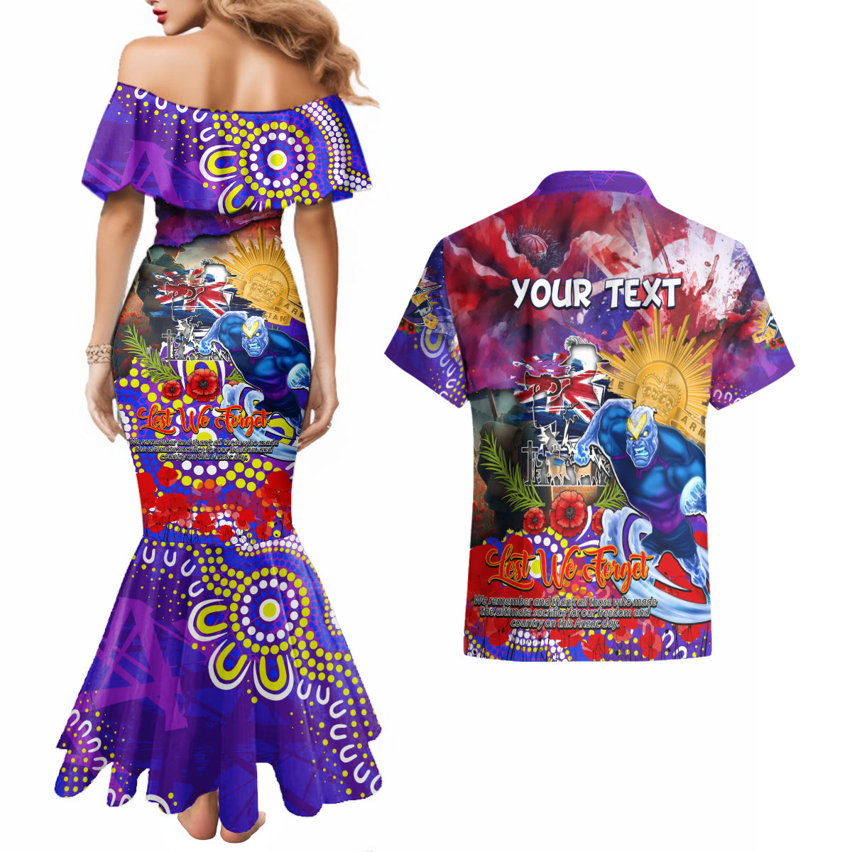 Personalised Australia Rugby Storm ANZAC Couples Matching Mermaid Dress and Hawaiian Shirt Melbourne Scratch Style