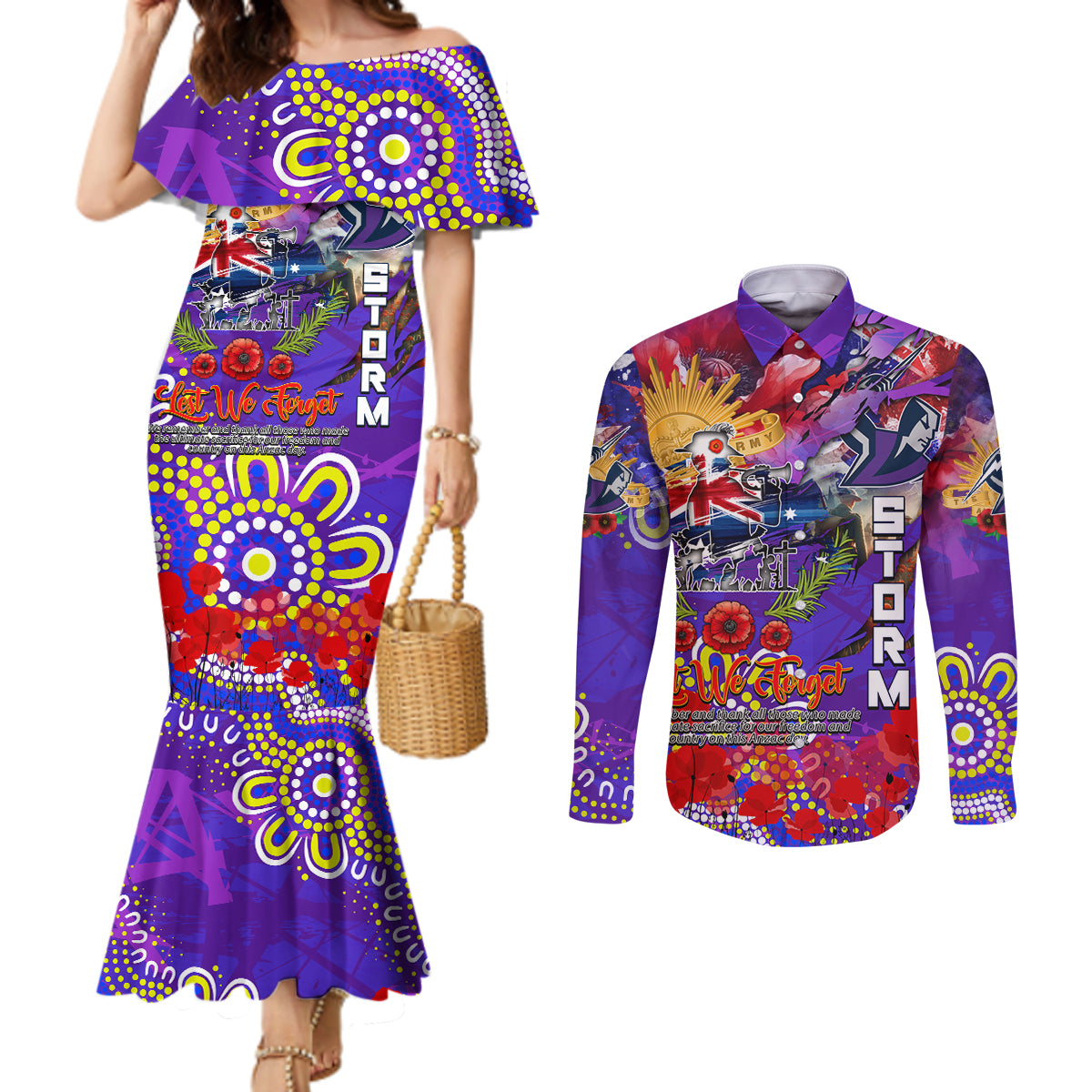 Personalised Australia Rugby Storm ANZAC Couples Matching Mermaid Dress and Long Sleeve Button Shirt Melbourne Scratch Style