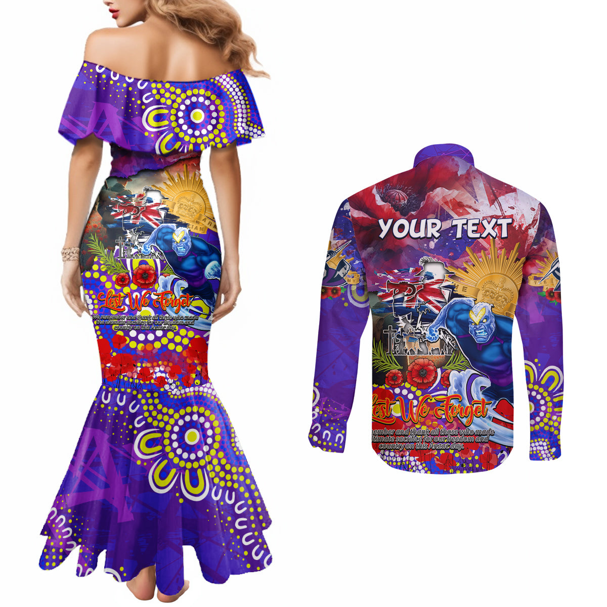 Personalised Australia Rugby Storm ANZAC Couples Matching Mermaid Dress and Long Sleeve Button Shirt Melbourne Scratch Style
