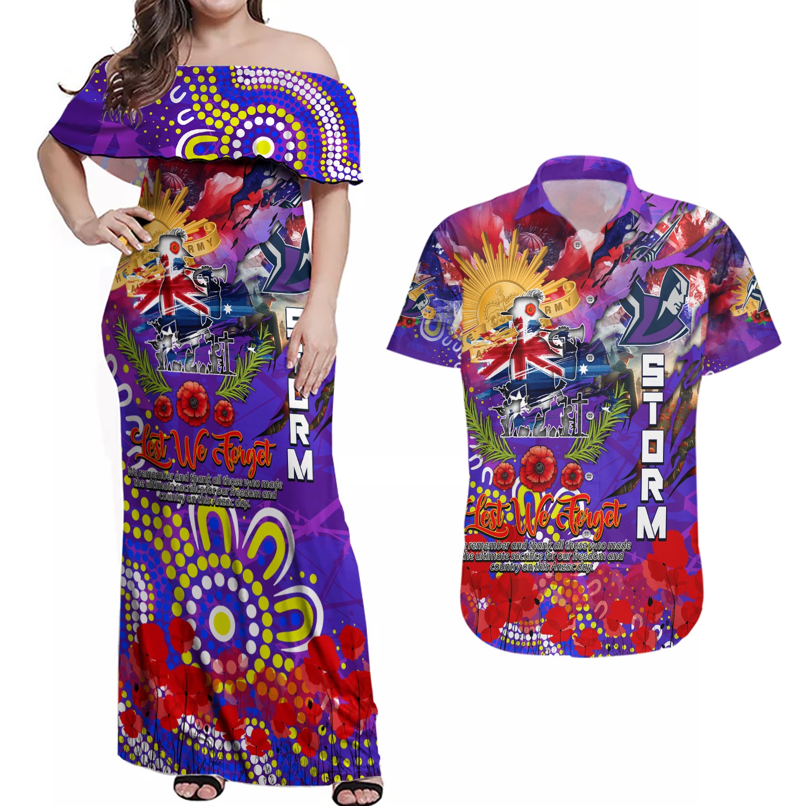 Personalised Australia Rugby Storm ANZAC Couples Matching Off Shoulder Maxi Dress and Hawaiian Shirt Melbourne Scratch Style