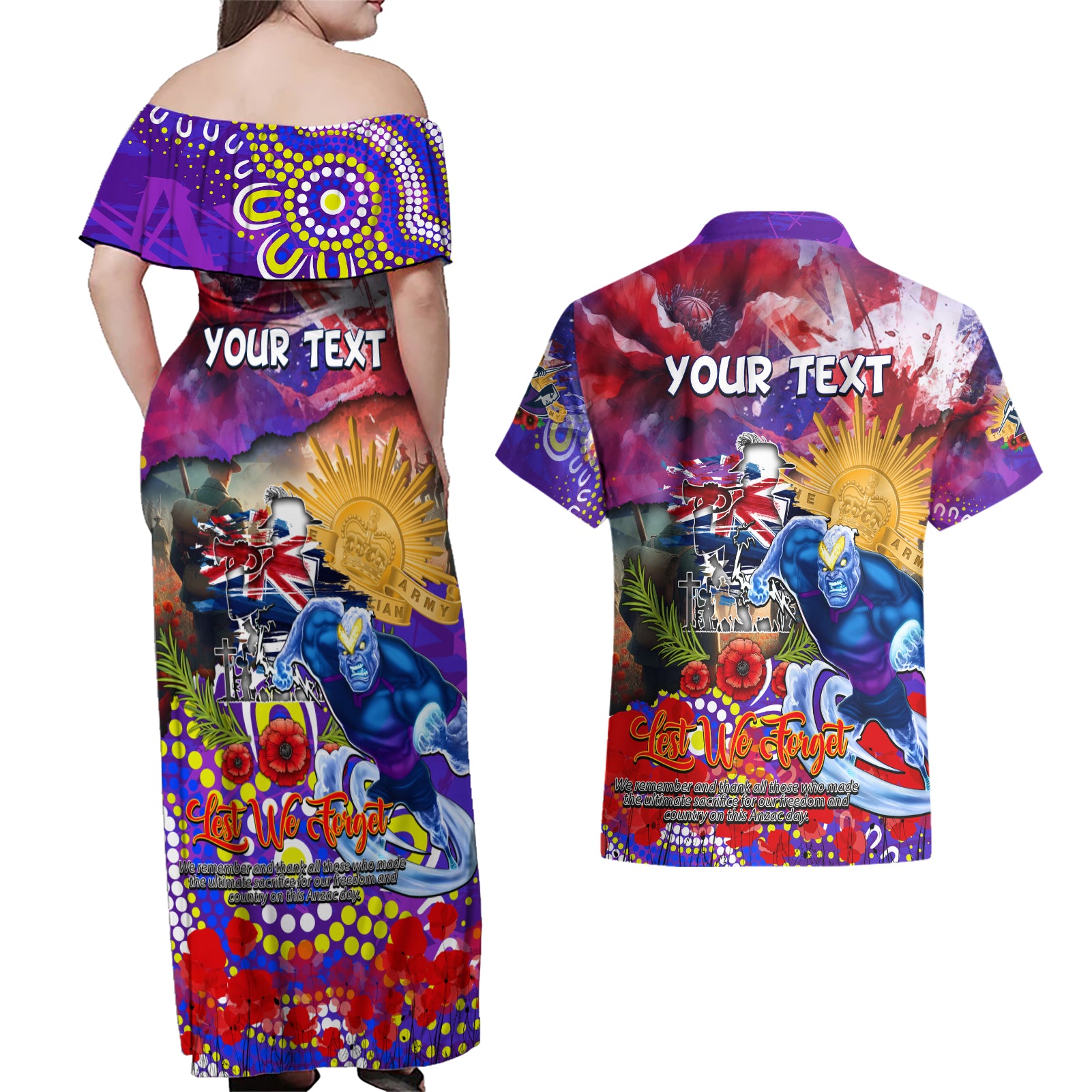 Personalised Australia Rugby Storm ANZAC Couples Matching Off Shoulder Maxi Dress and Hawaiian Shirt Melbourne Scratch Style