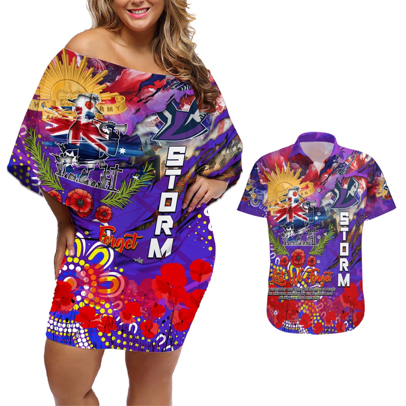 Personalised Australia Rugby Storm ANZAC Couples Matching Off Shoulder Short Dress and Hawaiian Shirt Melbourne Scratch Style