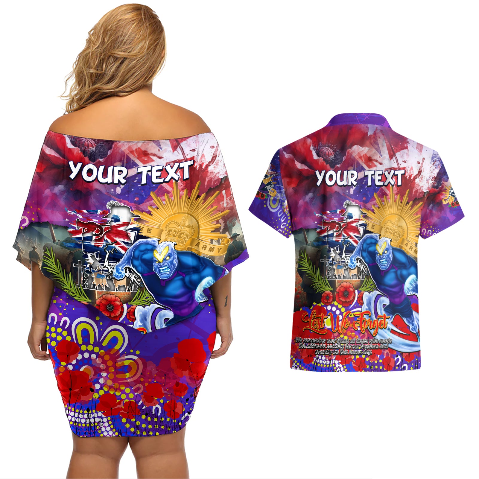 Personalised Australia Rugby Storm ANZAC Couples Matching Off Shoulder Short Dress and Hawaiian Shirt Melbourne Scratch Style