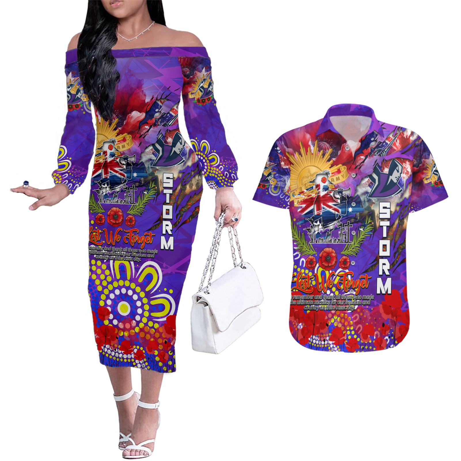 Personalised Australia Rugby Storm ANZAC Couples Matching Off The Shoulder Long Sleeve Dress and Hawaiian Shirt Melbourne Scratch Style