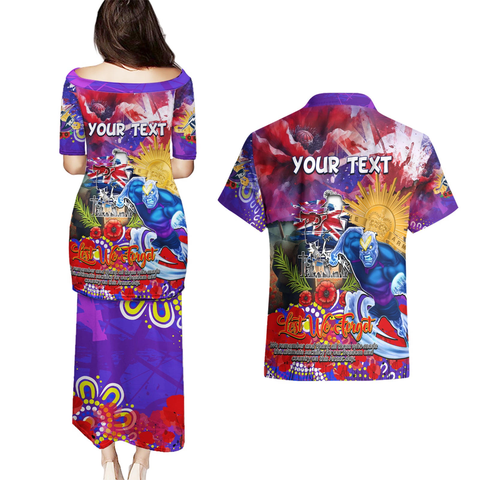 Personalised Australia Rugby Storm ANZAC Couples Matching Puletasi and Hawaiian Shirt Melbourne Scratch Style