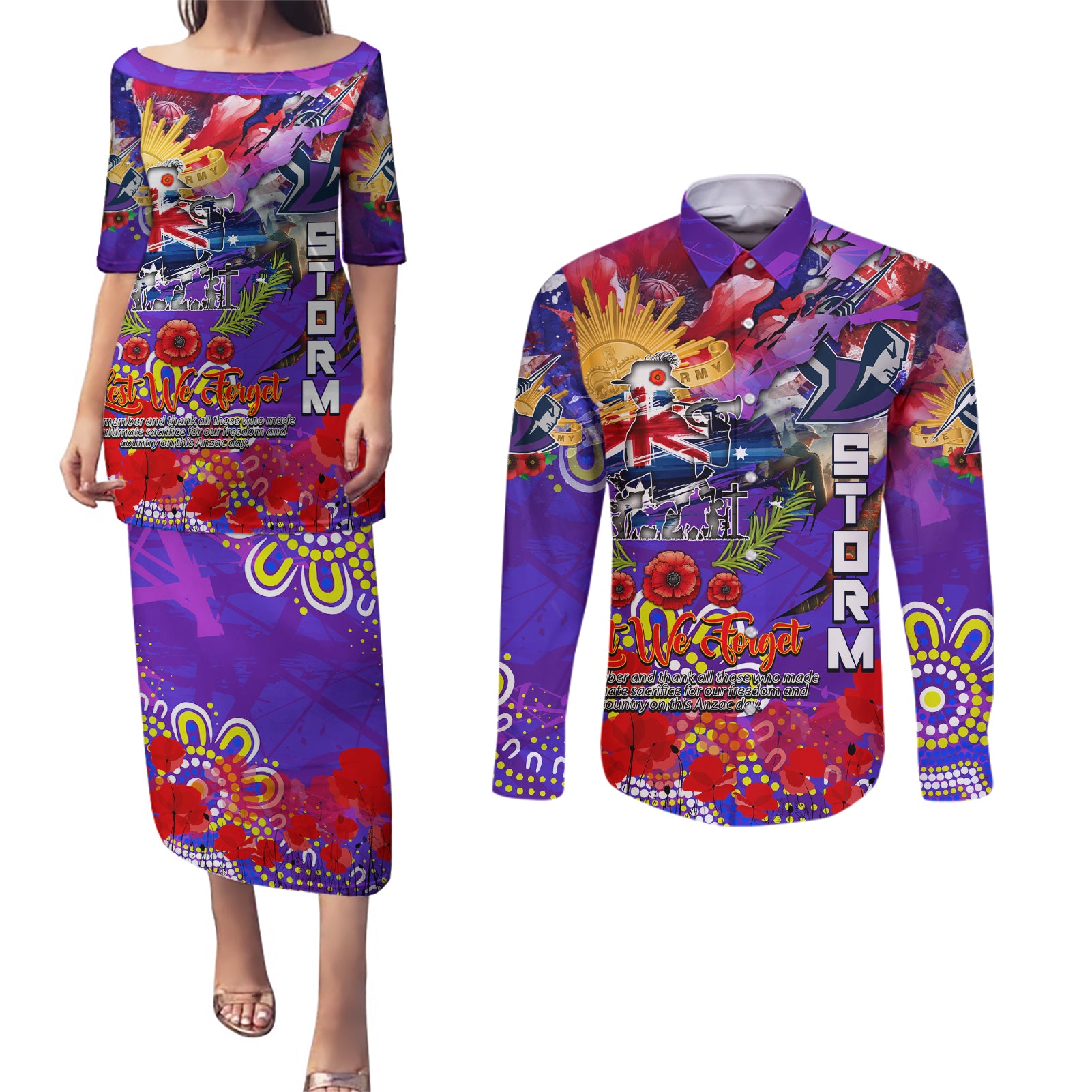 Personalised Australia Rugby Storm ANZAC Couples Matching Puletasi and Long Sleeve Button Shirt Melbourne Scratch Style