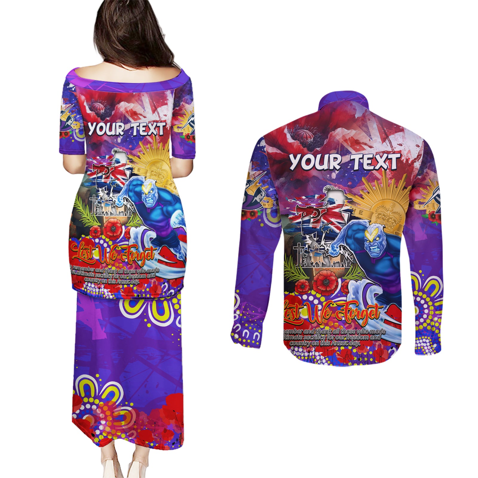 Personalised Australia Rugby Storm ANZAC Couples Matching Puletasi and Long Sleeve Button Shirt Melbourne Scratch Style