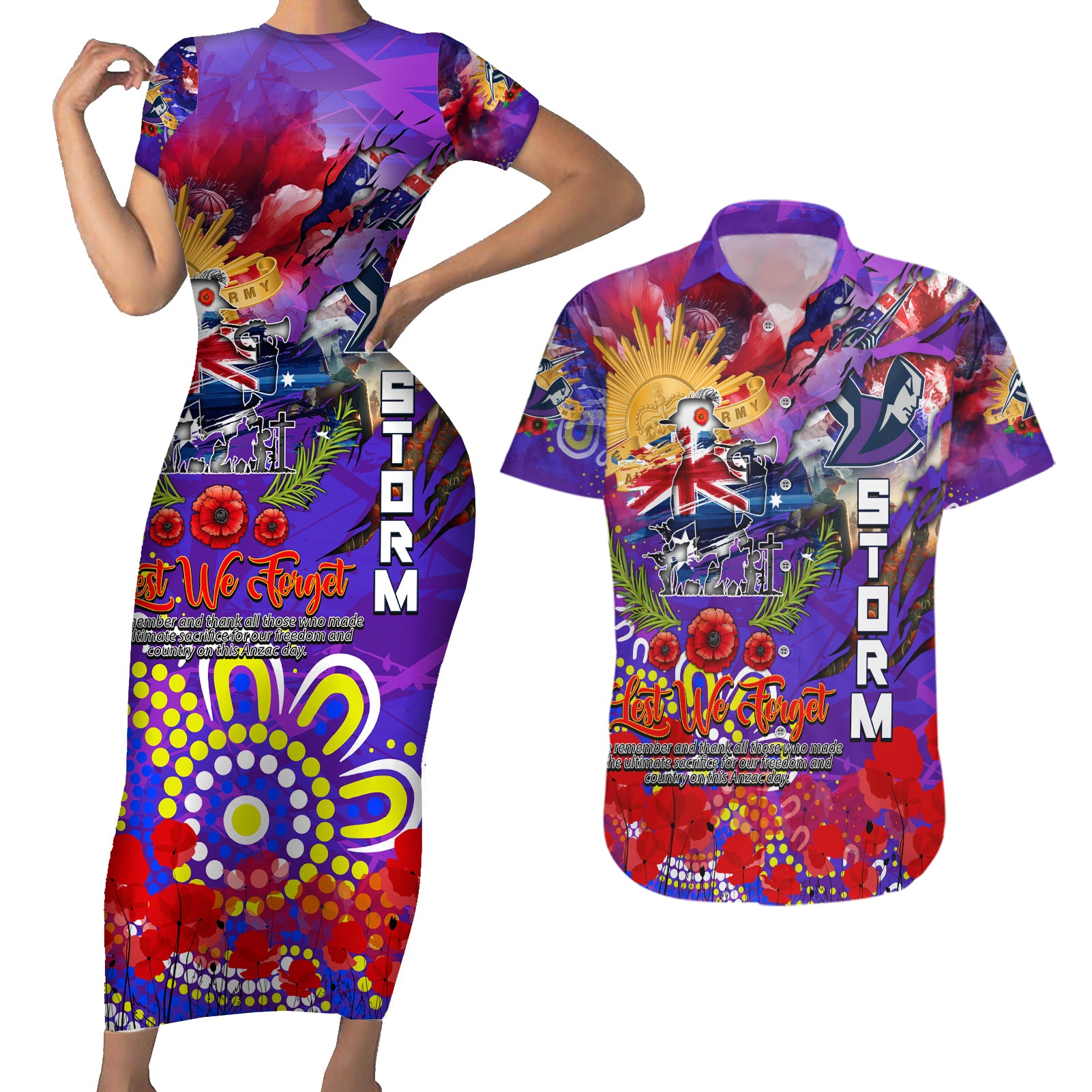 Personalised Australia Rugby Storm ANZAC Couples Matching Short Sleeve Bodycon Dress and Hawaiian Shirt Melbourne Scratch Style