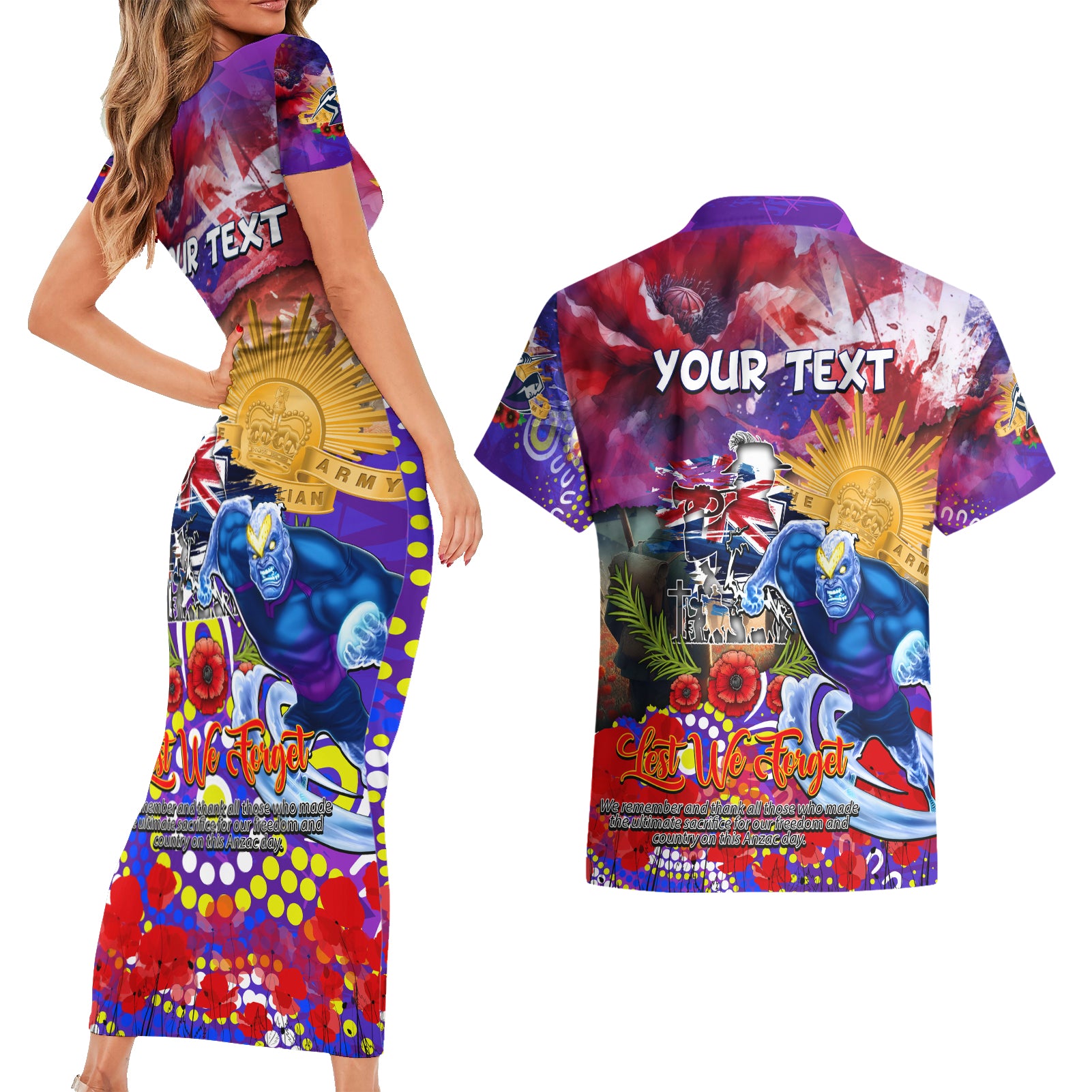 Personalised Australia Rugby Storm ANZAC Couples Matching Short Sleeve Bodycon Dress and Hawaiian Shirt Melbourne Scratch Style