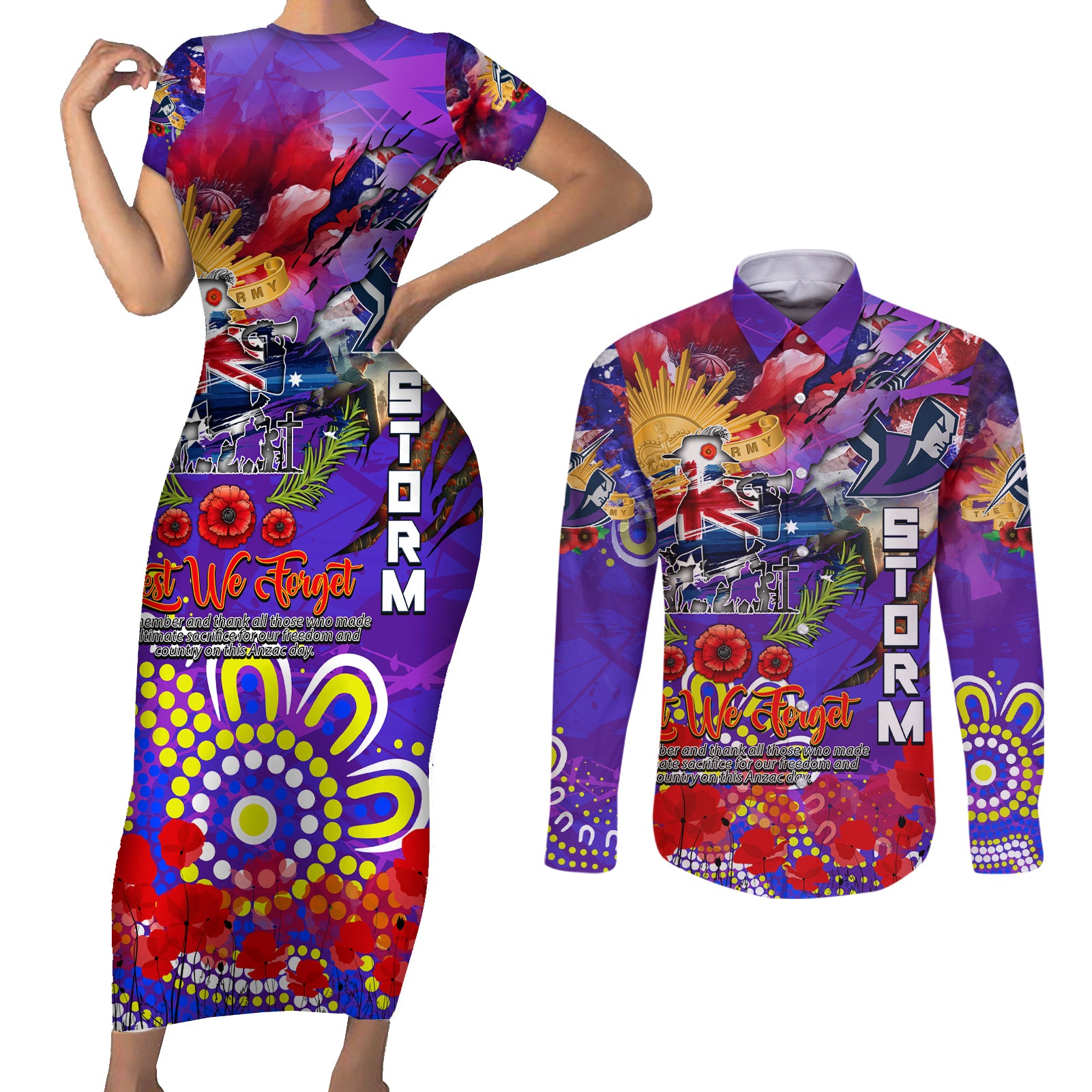 Personalised Australia Rugby Storm ANZAC Couples Matching Short Sleeve Bodycon Dress and Long Sleeve Button Shirt Melbourne Scratch Style
