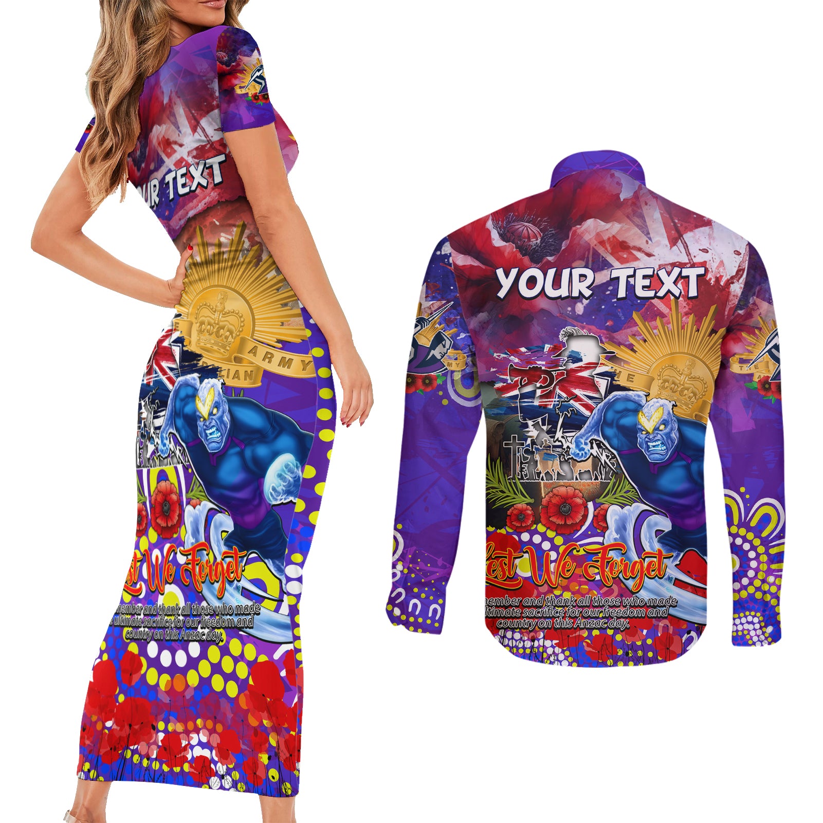 Personalised Australia Rugby Storm ANZAC Couples Matching Short Sleeve Bodycon Dress and Long Sleeve Button Shirt Melbourne Scratch Style