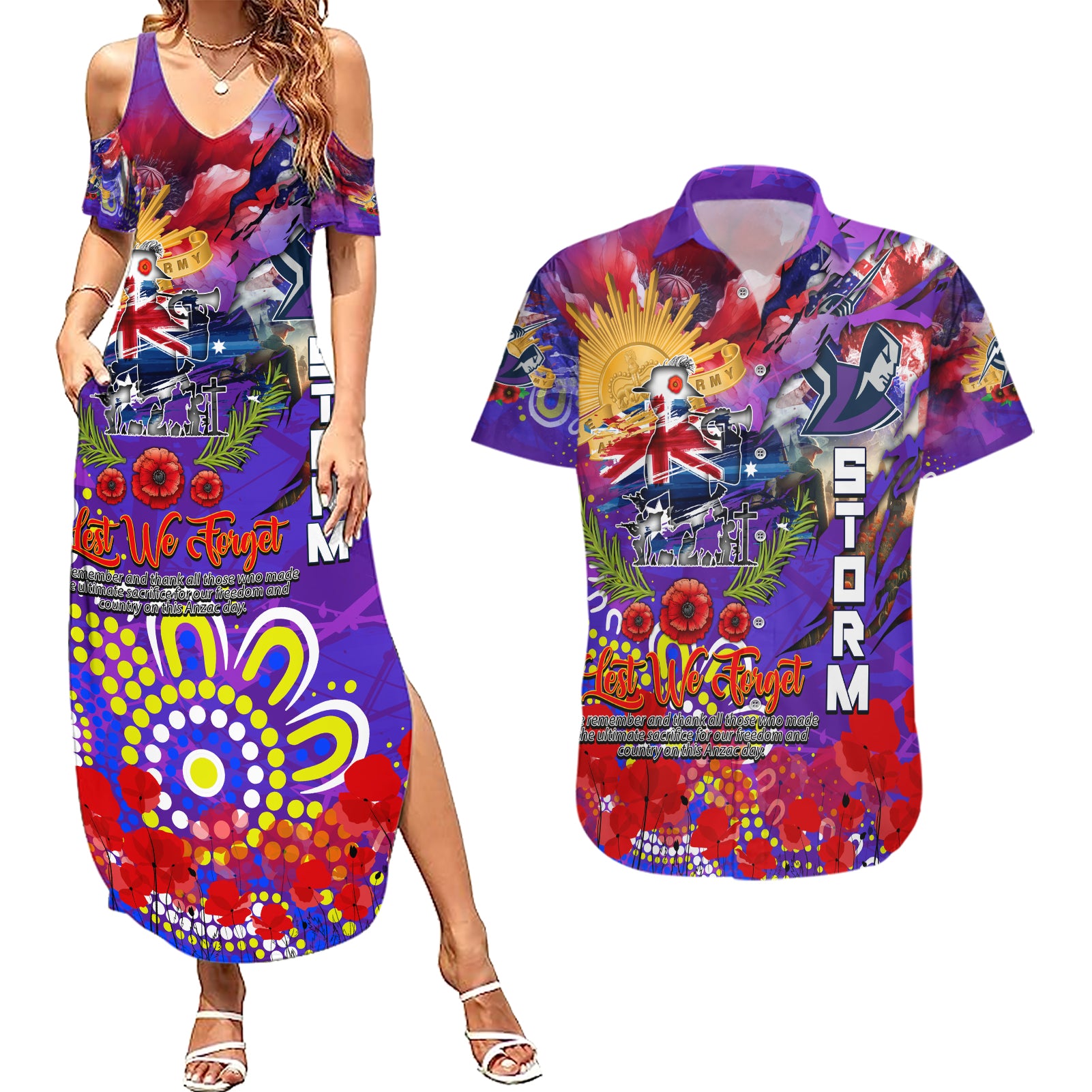 Personalised Australia Rugby Storm ANZAC Couples Matching Summer Maxi Dress and Hawaiian Shirt Melbourne Scratch Style