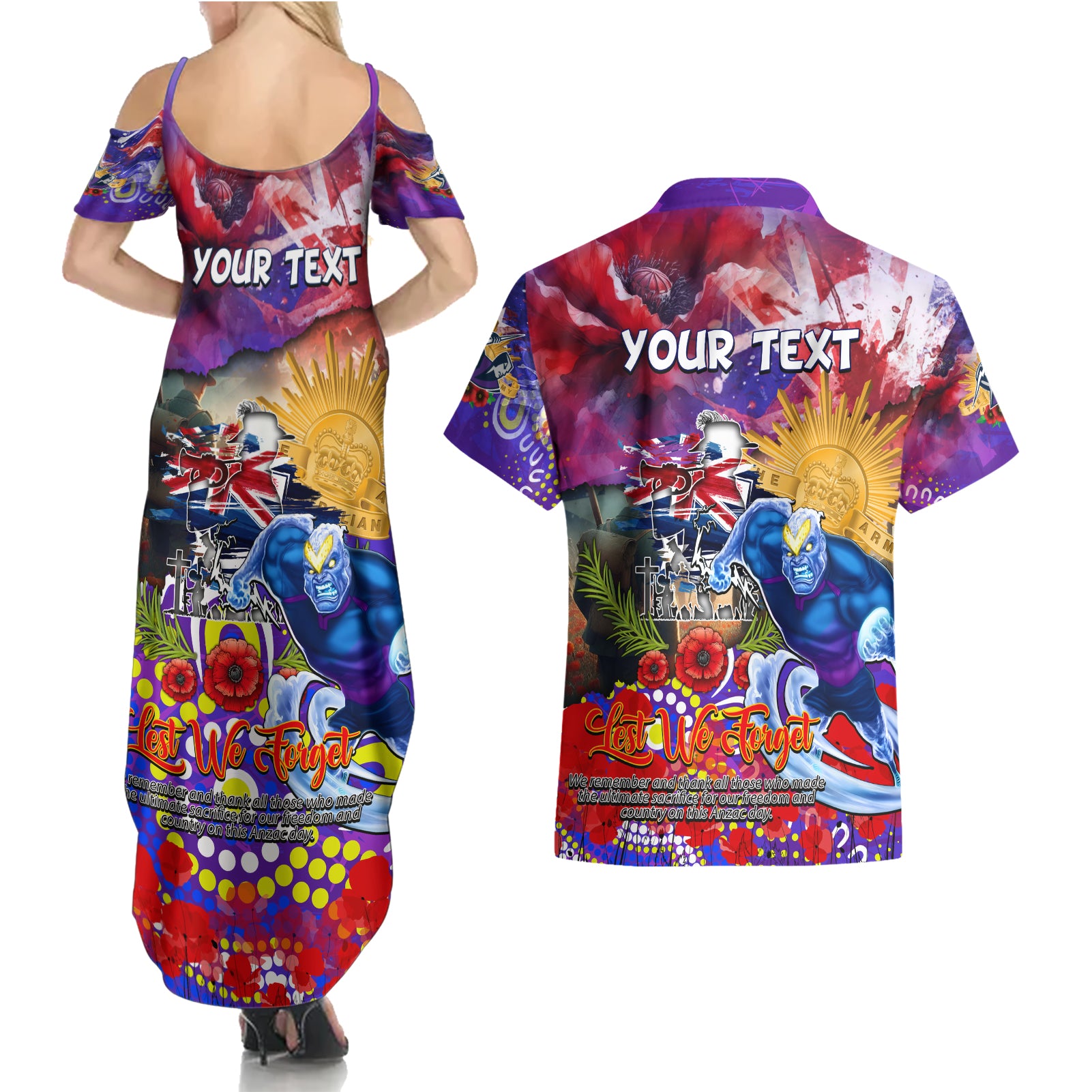 Personalised Australia Rugby Storm ANZAC Couples Matching Summer Maxi Dress and Hawaiian Shirt Melbourne Scratch Style