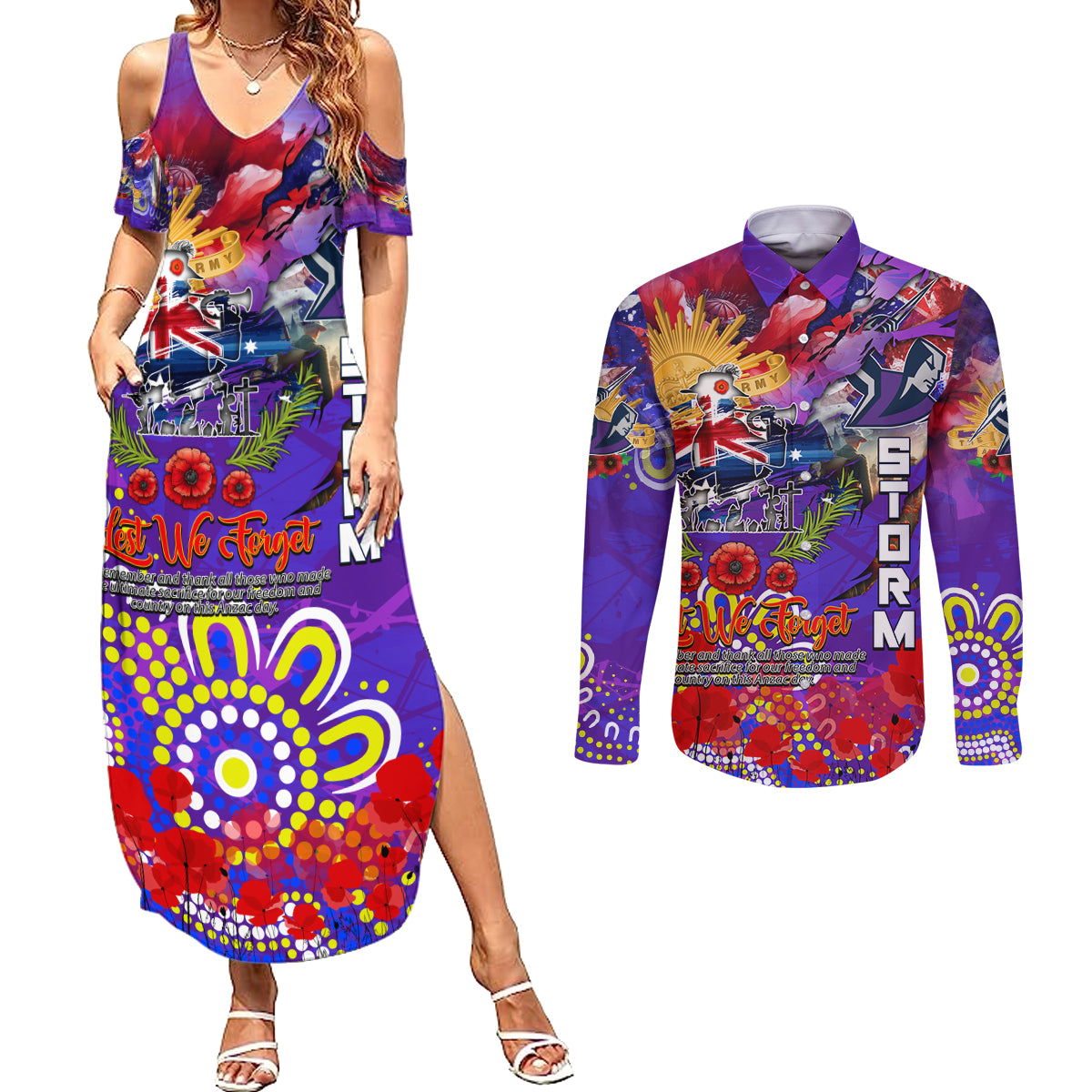 Personalised Australia Rugby Storm ANZAC Couples Matching Summer Maxi Dress and Long Sleeve Button Shirt Melbourne Scratch Style