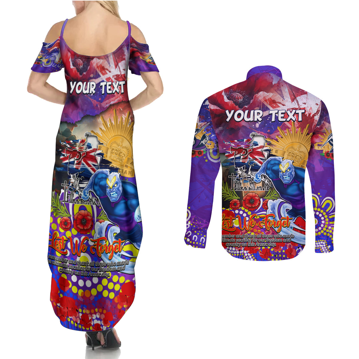 Personalised Australia Rugby Storm ANZAC Couples Matching Summer Maxi Dress and Long Sleeve Button Shirt Melbourne Scratch Style