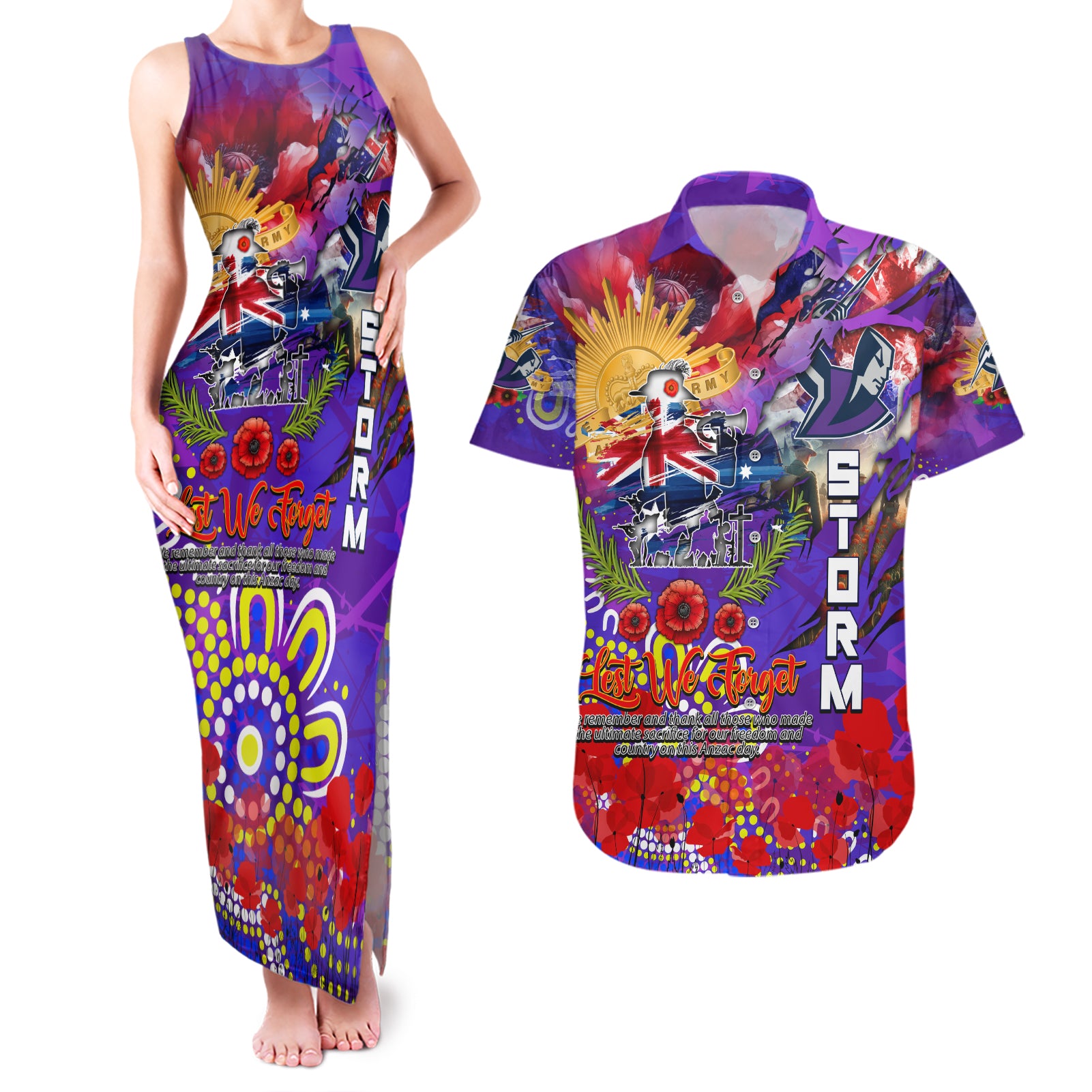 Personalised Australia Rugby Storm ANZAC Couples Matching Tank Maxi Dress and Hawaiian Shirt Melbourne Scratch Style