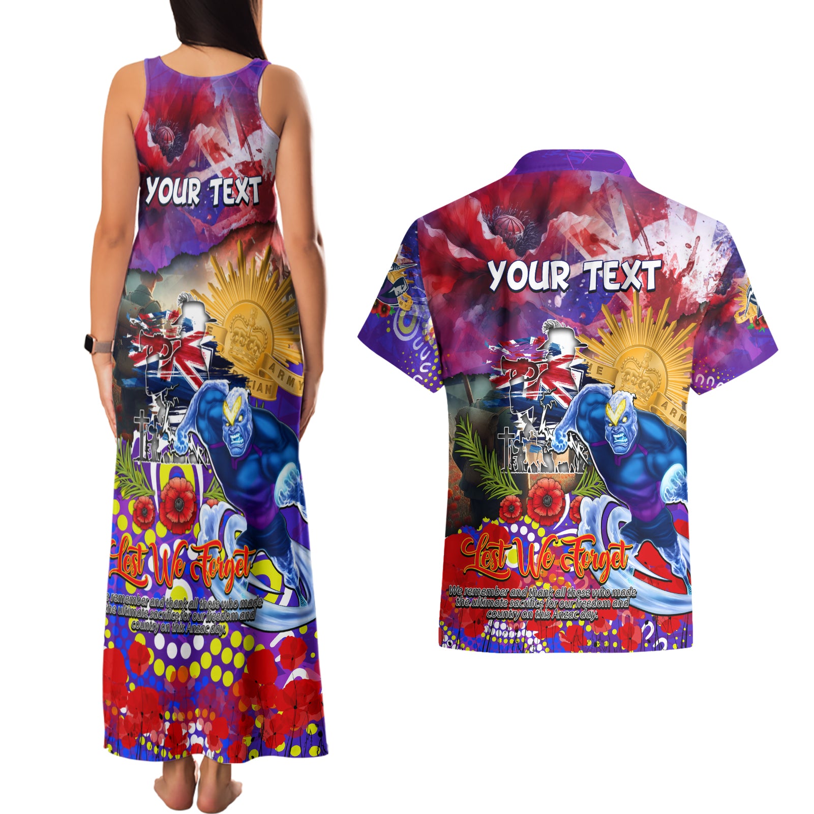 Personalised Australia Rugby Storm ANZAC Couples Matching Tank Maxi Dress and Hawaiian Shirt Melbourne Scratch Style