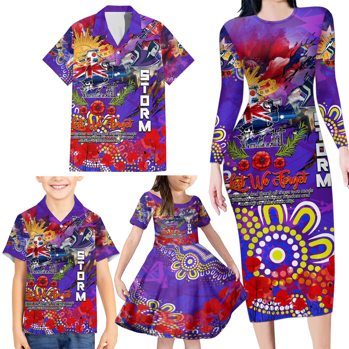 Personalised Australia Rugby Storm ANZAC Family Matching Long Sleeve Bodycon Dress and Hawaiian Shirt Melbourne Scratch Style