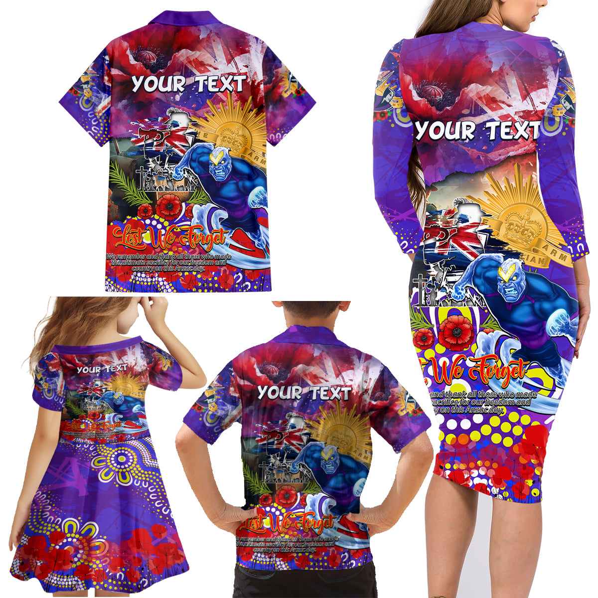 Personalised Australia Rugby Storm ANZAC Family Matching Long Sleeve Bodycon Dress and Hawaiian Shirt Melbourne Scratch Style