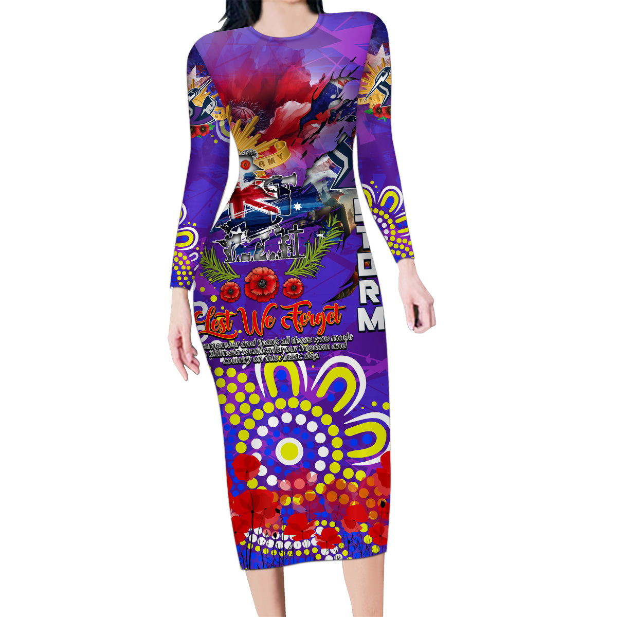 Personalised Australia Rugby Storm ANZAC Family Matching Long Sleeve Bodycon Dress and Hawaiian Shirt Melbourne Scratch Style