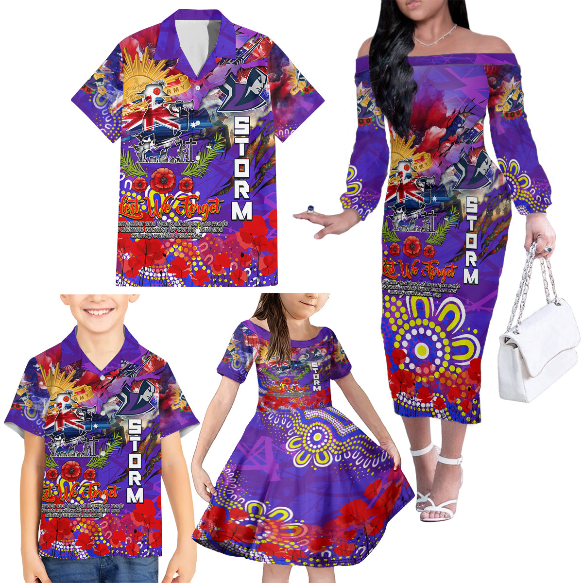 Personalised Australia Rugby Storm ANZAC Family Matching Off The Shoulder Long Sleeve Dress and Hawaiian Shirt Melbourne Scratch Style