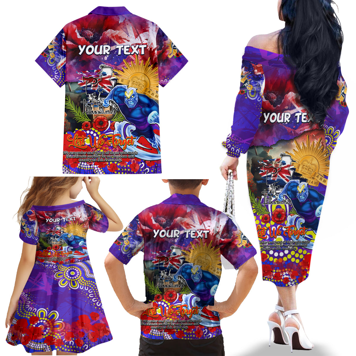 Personalised Australia Rugby Storm ANZAC Family Matching Off The Shoulder Long Sleeve Dress and Hawaiian Shirt Melbourne Scratch Style