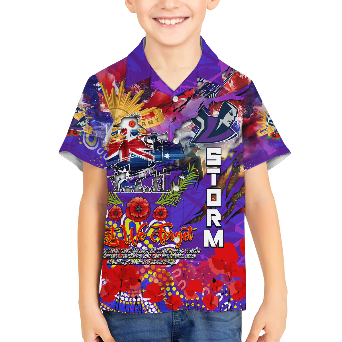 Personalised Australia Rugby Storm ANZAC Family Matching Off The Shoulder Long Sleeve Dress and Hawaiian Shirt Melbourne Scratch Style