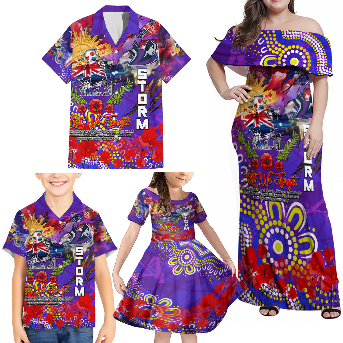 Personalised Australia Rugby Storm ANZAC Family Matching Off Shoulder Maxi Dress and Hawaiian Shirt Melbourne Scratch Style