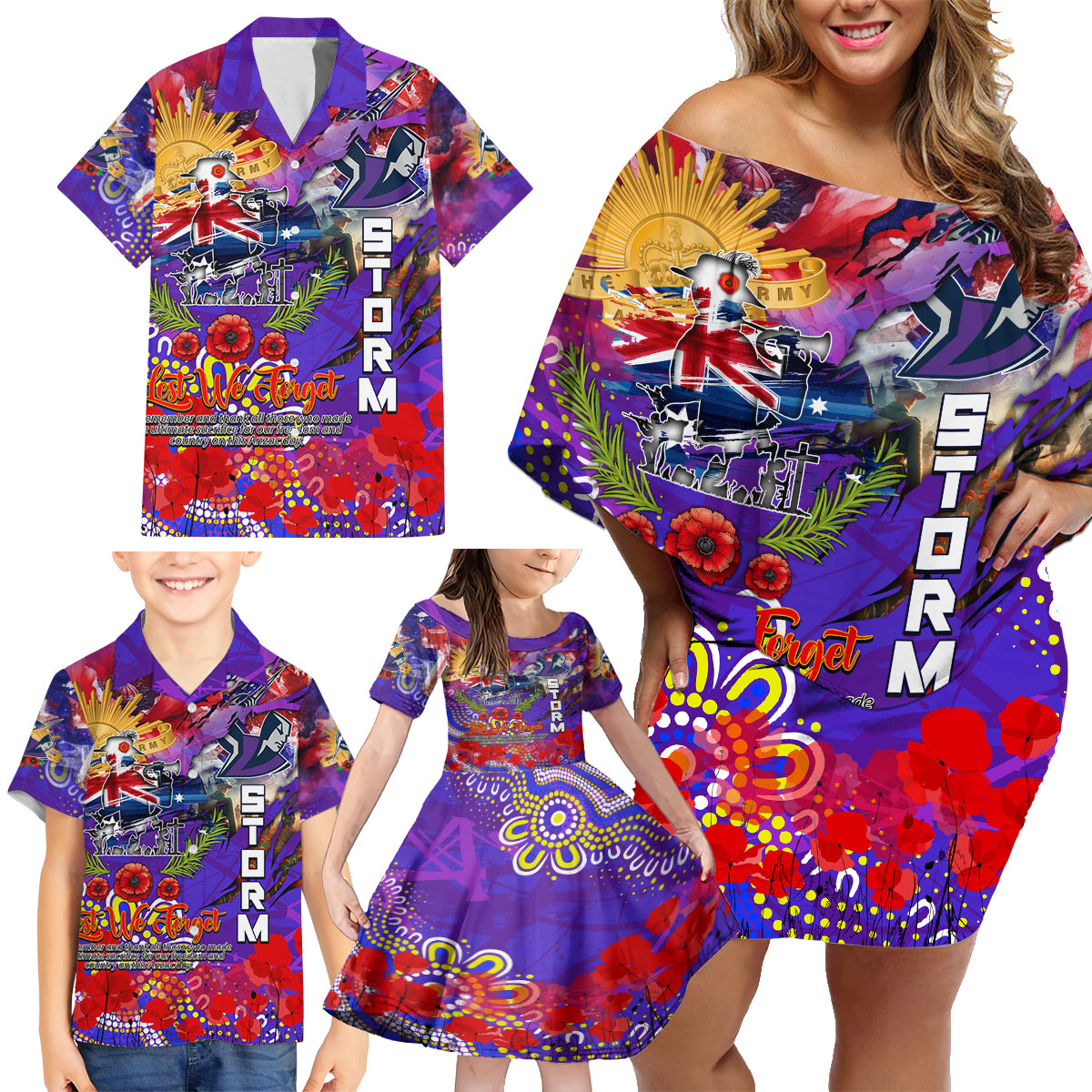 Personalised Australia Rugby Storm ANZAC Family Matching Off Shoulder Short Dress and Hawaiian Shirt Melbourne Scratch Style