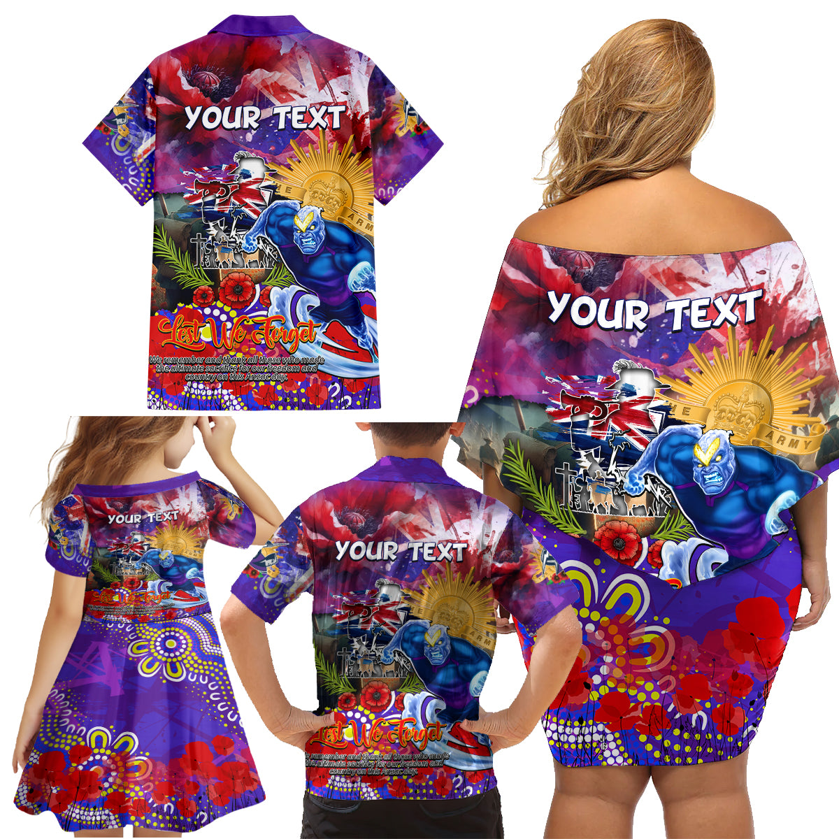 Personalised Australia Rugby Storm ANZAC Family Matching Off Shoulder Short Dress and Hawaiian Shirt Melbourne Scratch Style