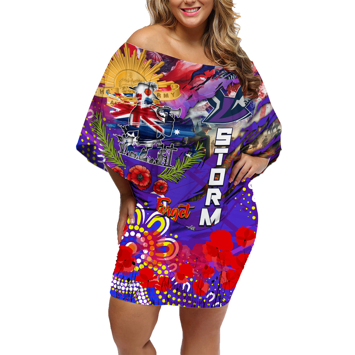 Personalised Australia Rugby Storm ANZAC Family Matching Off Shoulder Short Dress and Hawaiian Shirt Melbourne Scratch Style