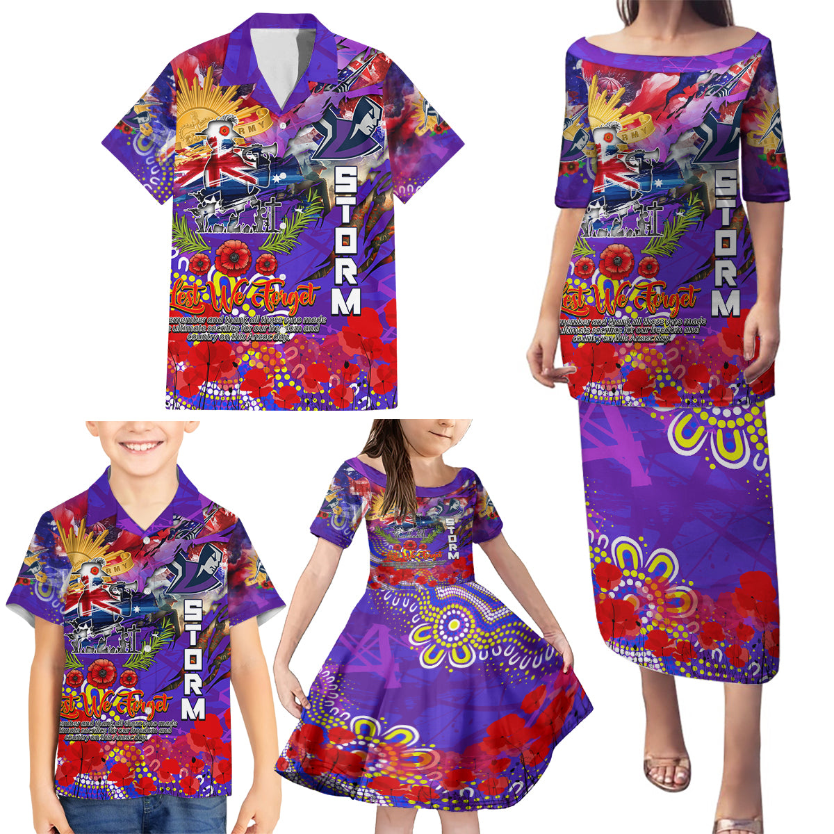 Personalised Australia Rugby Storm ANZAC Family Matching Puletasi and Hawaiian Shirt Melbourne Scratch Style
